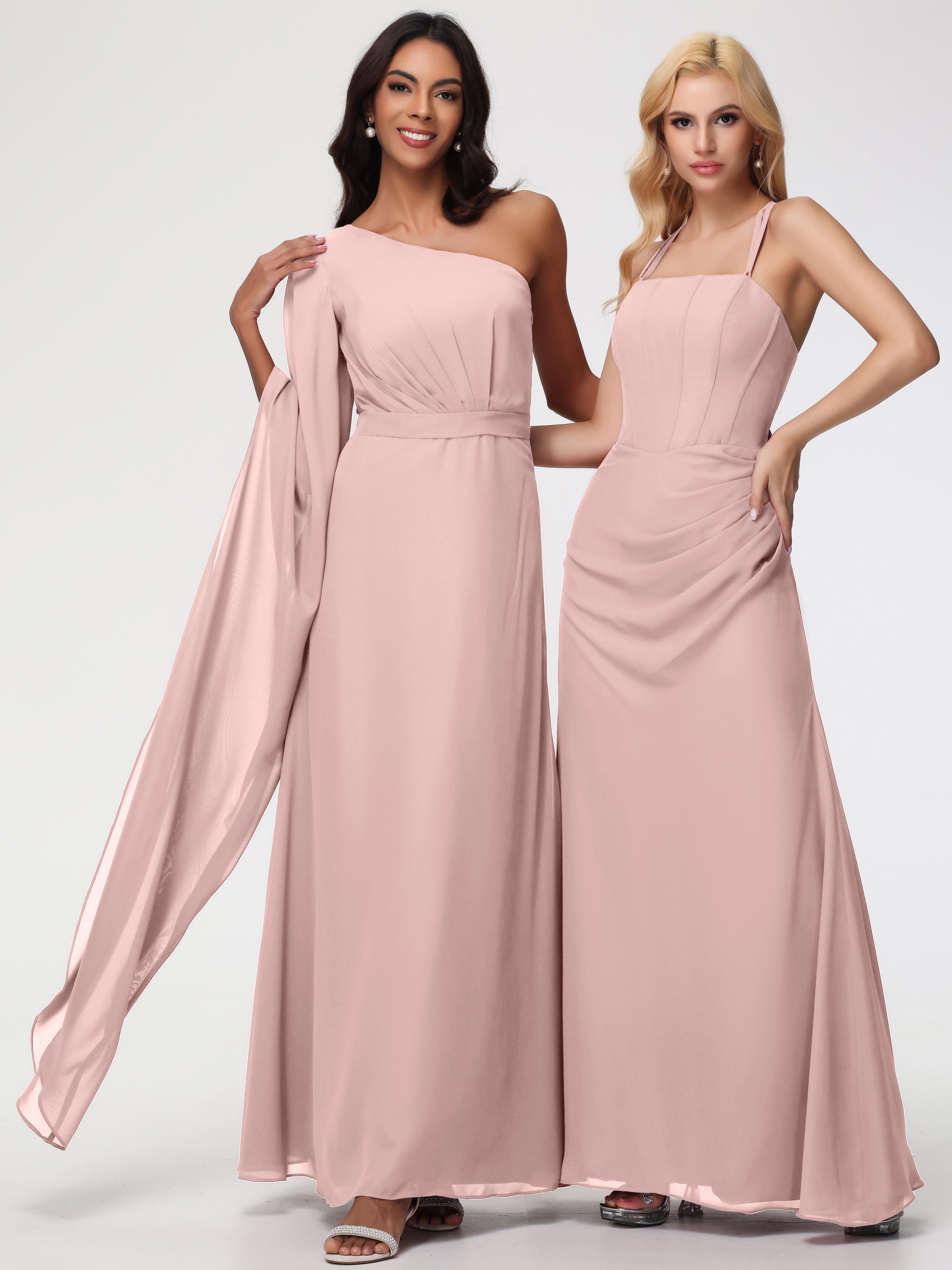 One Shoulder A-Line Pleats Floor-Length Chiffon Bridesmaid Dresses