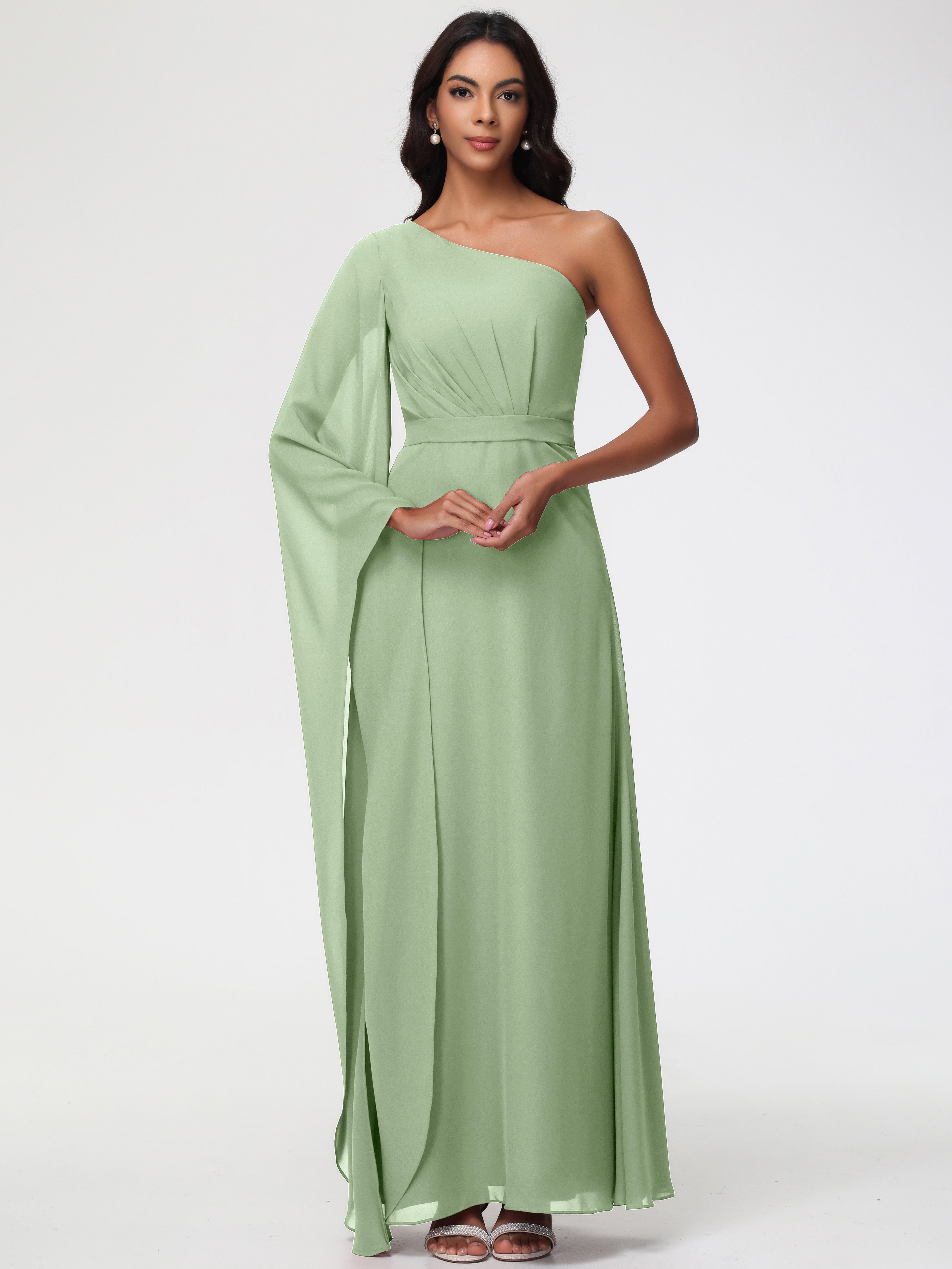 One Shoulder A-Line Pleats Floor-Length Chiffon Bridesmaid Dresses
