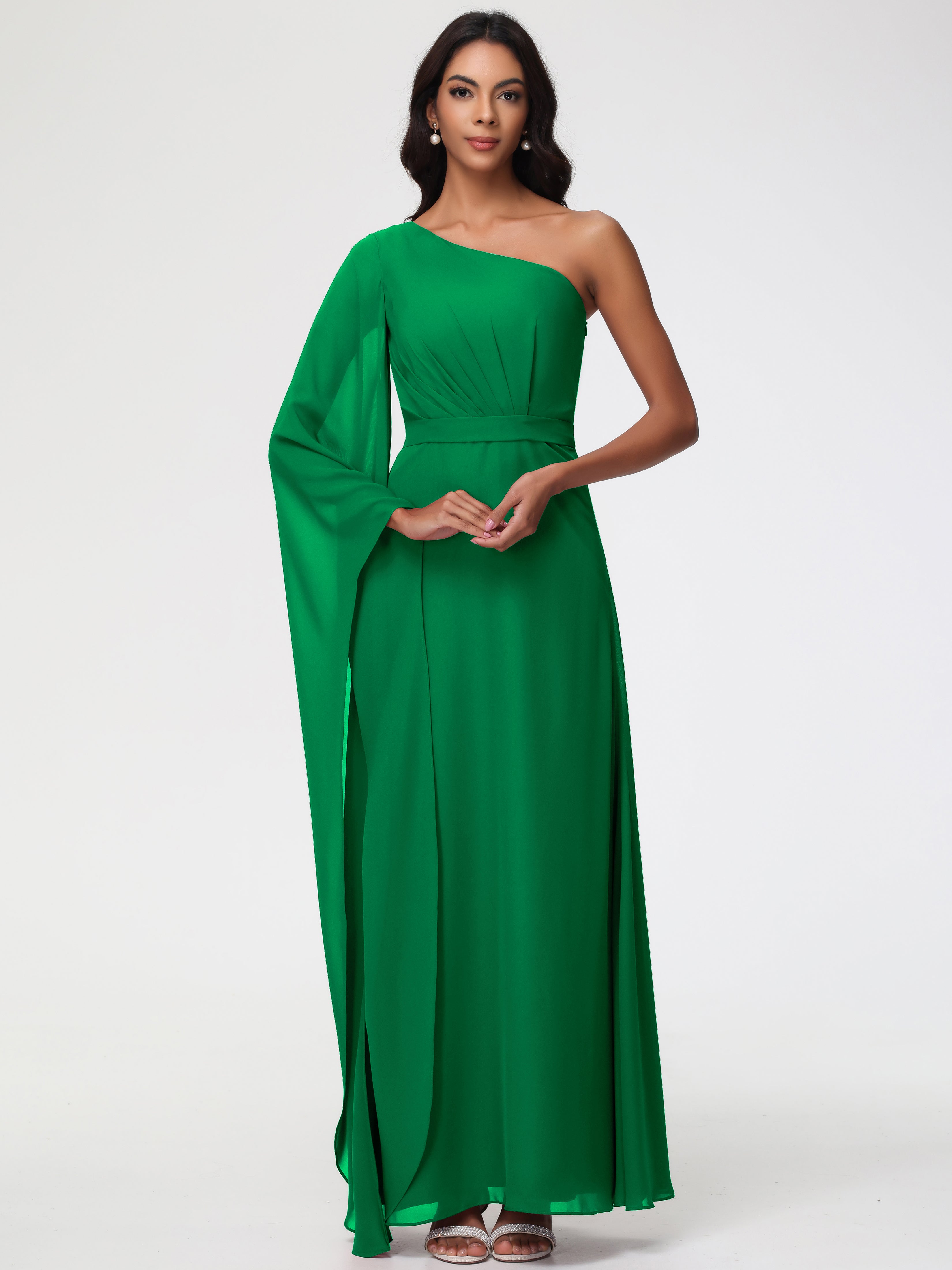 One Shoulder A-Line Pleats Floor-Length Chiffon Bridesmaid Dresses
