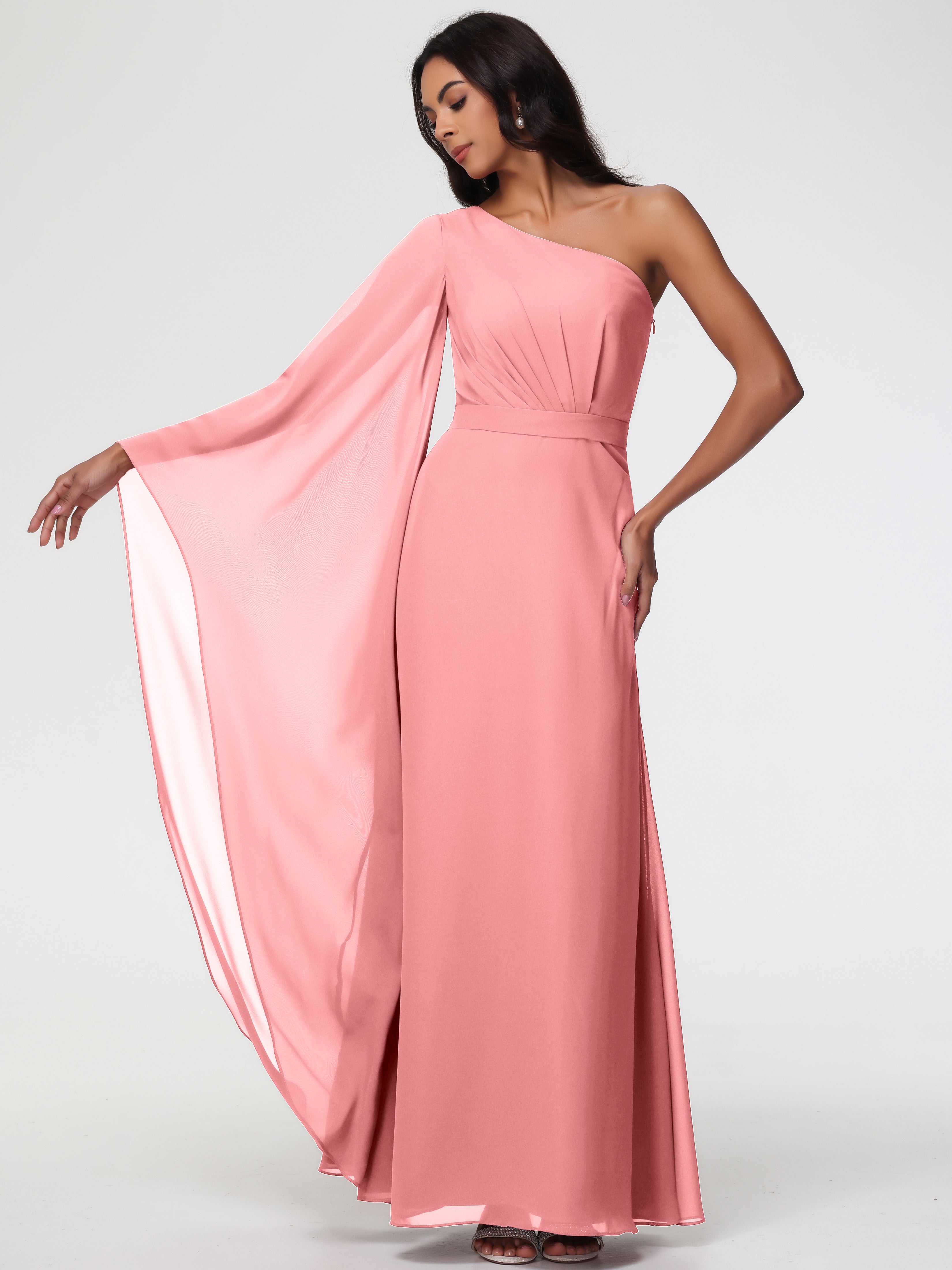 One Shoulder A-Line Pleats Floor-Length Chiffon Bridesmaid Dresses
