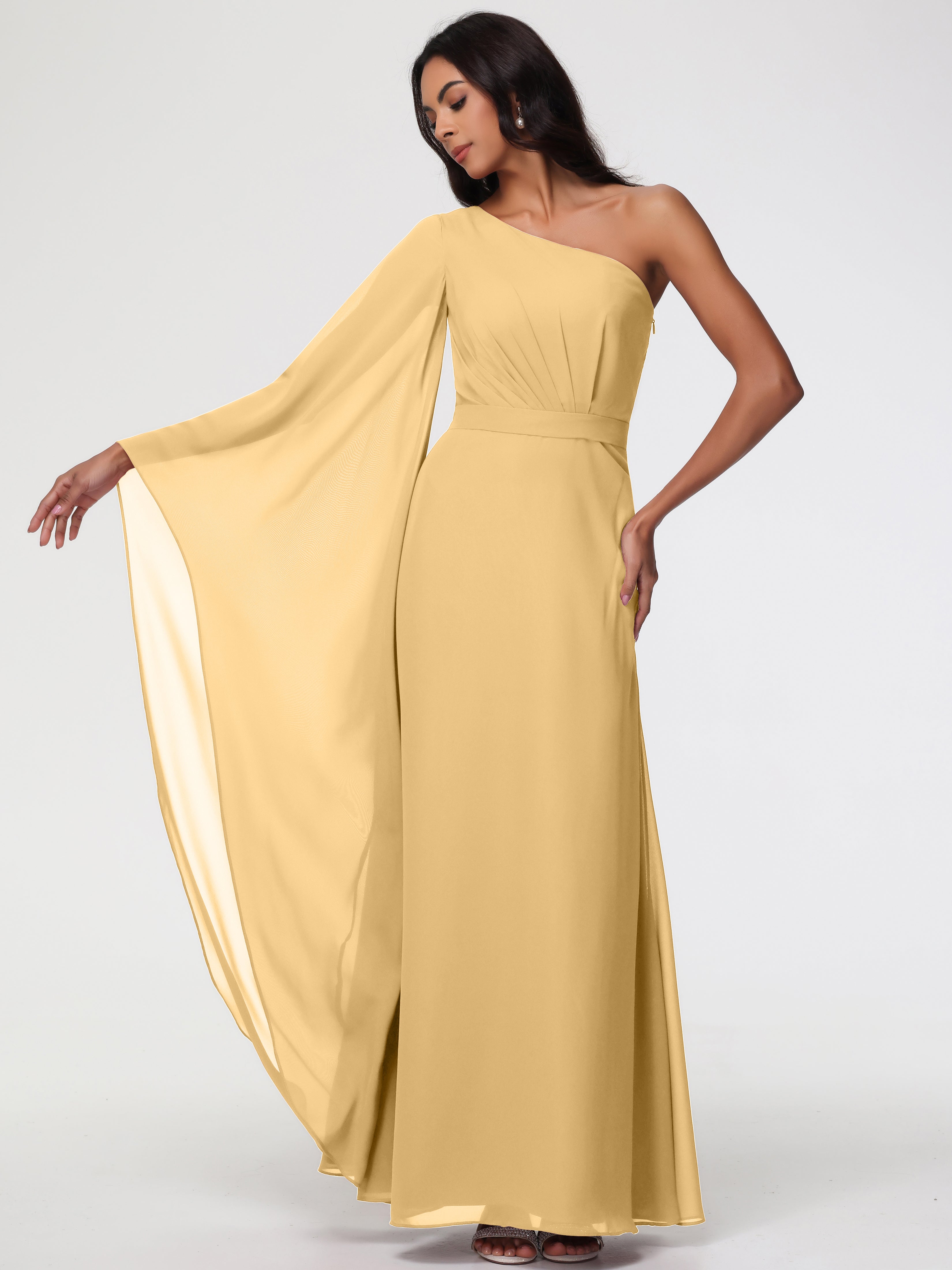 One Shoulder A-Line Pleats Floor-Length Chiffon Bridesmaid Dresses