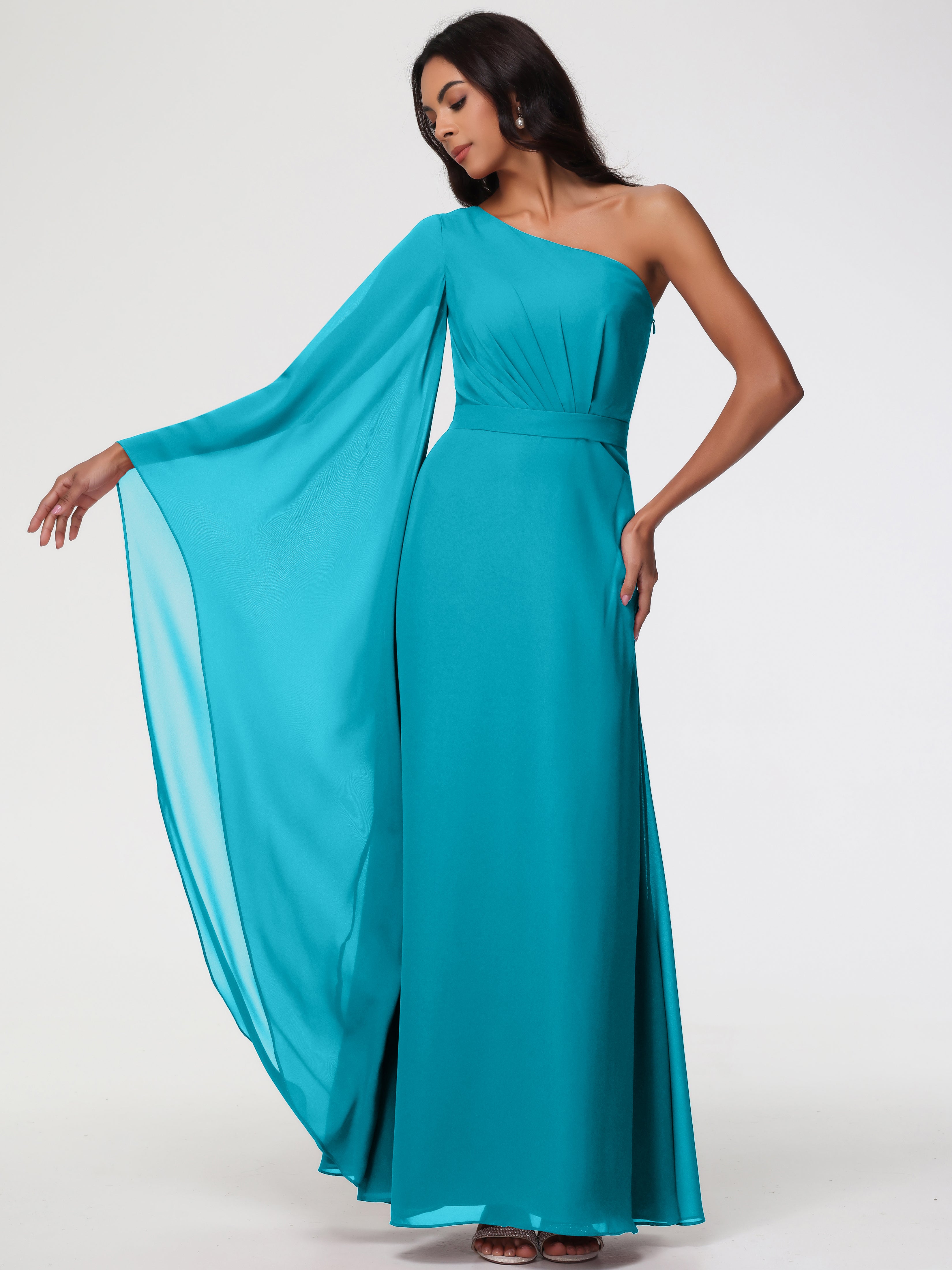 One Shoulder A-Line Pleats Floor-Length Chiffon Bridesmaid Dresses