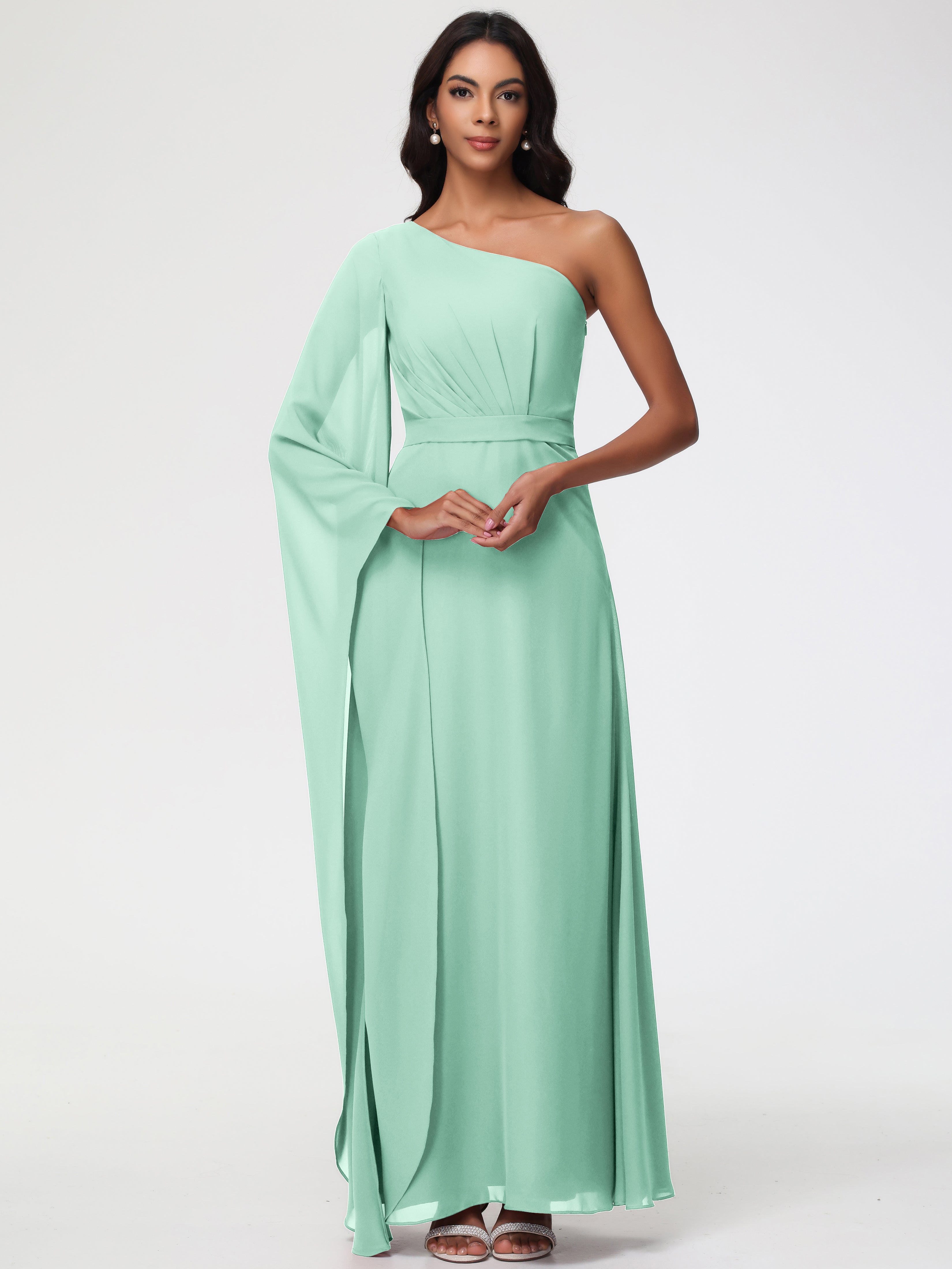 One Shoulder A-Line Pleats Floor-Length Chiffon Bridesmaid Dresses