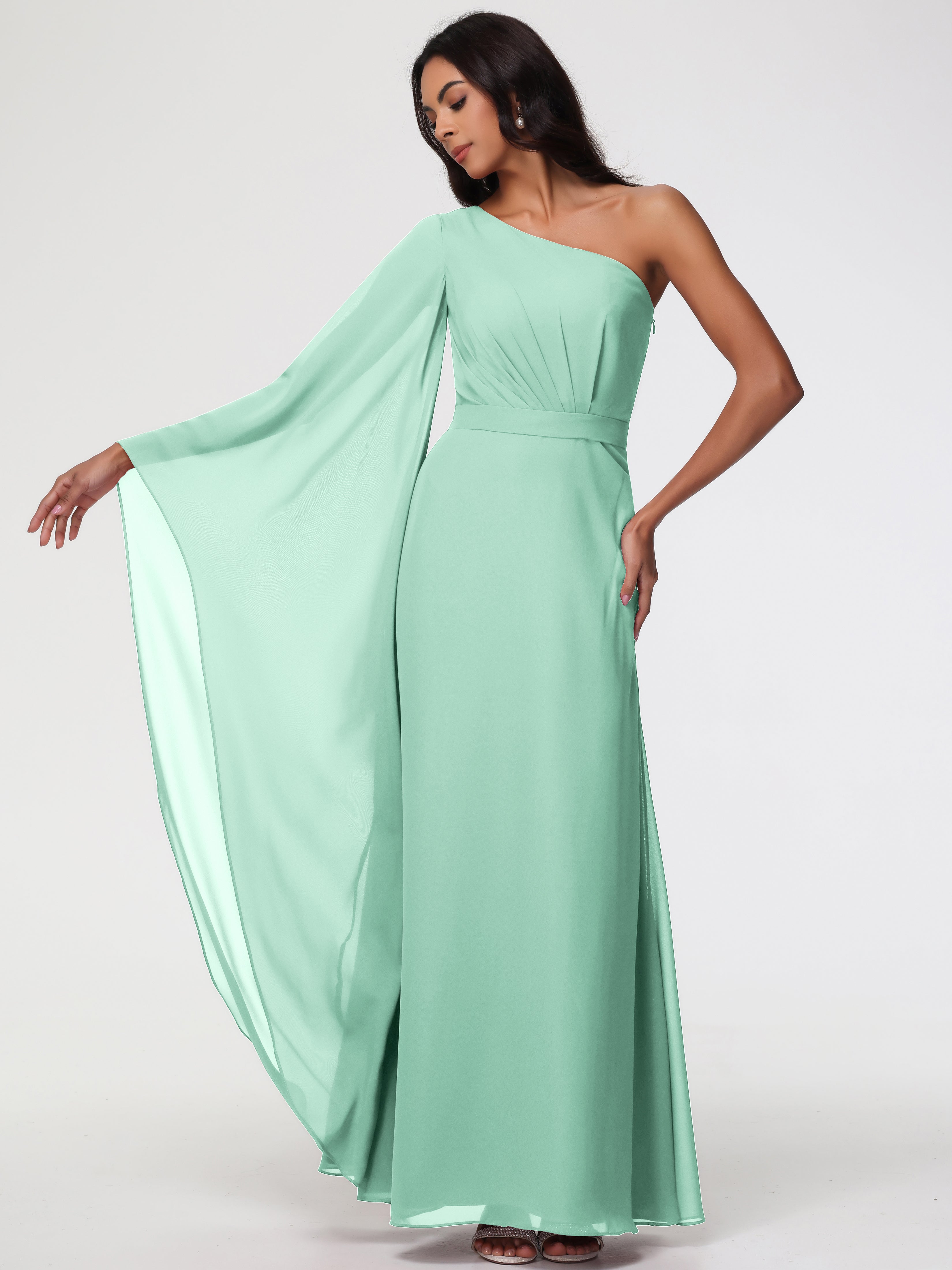 One Shoulder A-Line Pleats Floor-Length Chiffon Bridesmaid Dresses