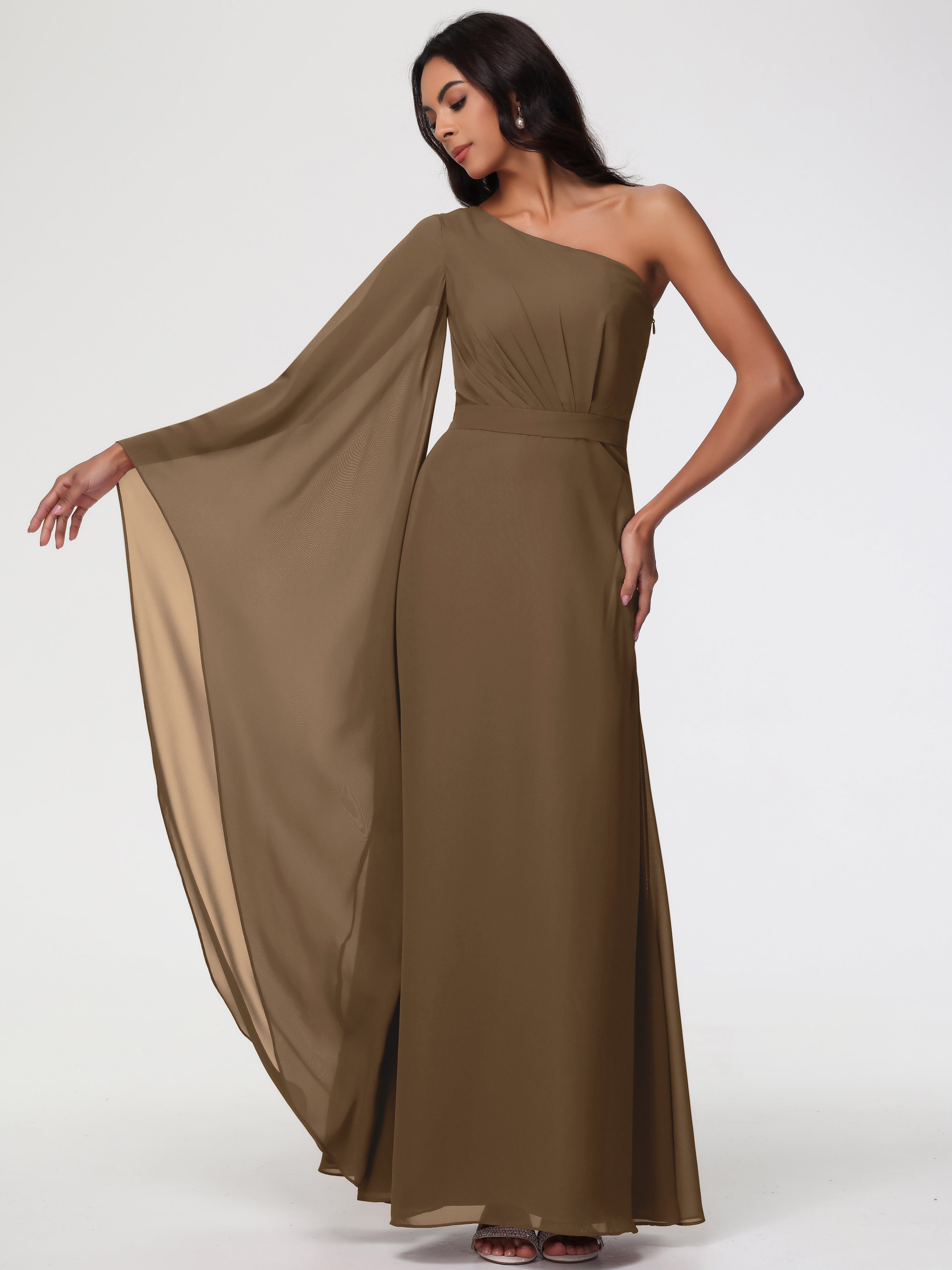 One Shoulder A-Line Pleats Floor-Length Chiffon Bridesmaid Dresses