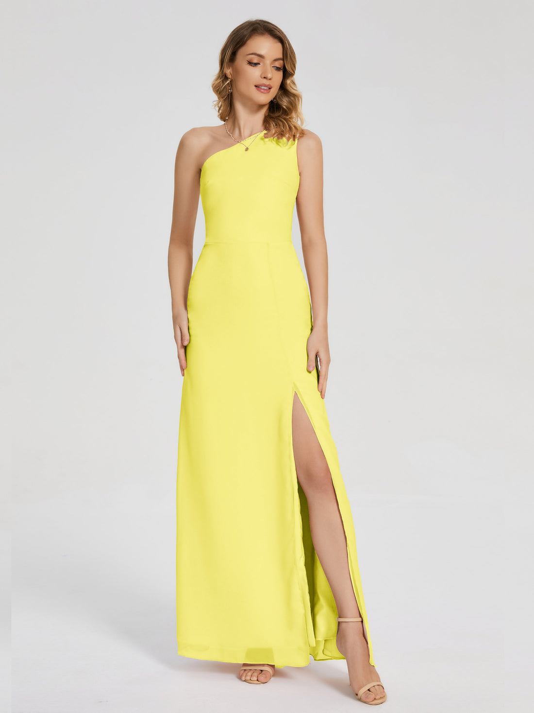 Lemon Yellow Bridesmaid Dress River Simple One Shoulder Split Chiffon — free download