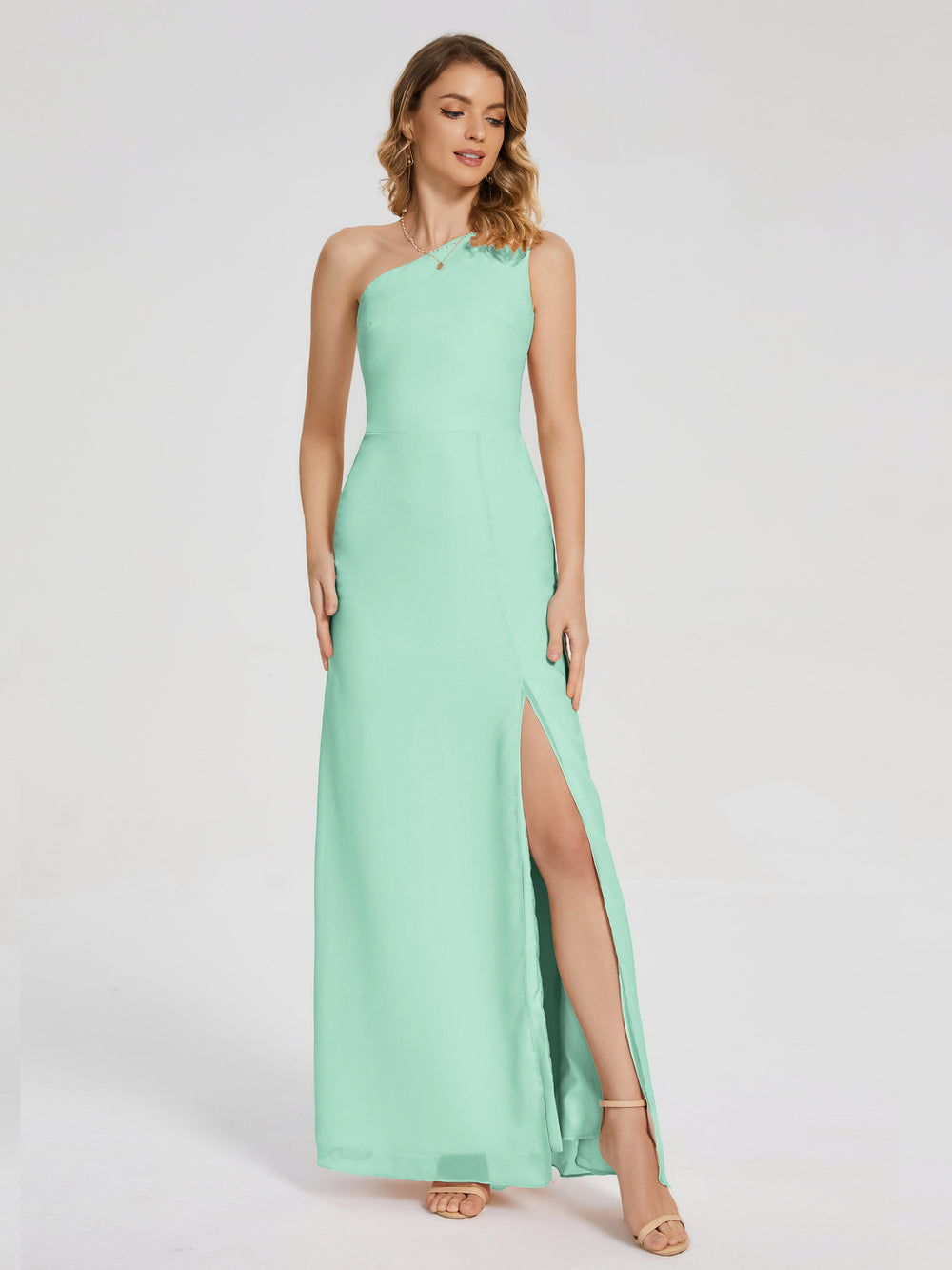 Long Mint Green Bridesmaid Dresses River Simple One Shoulder Split Chi