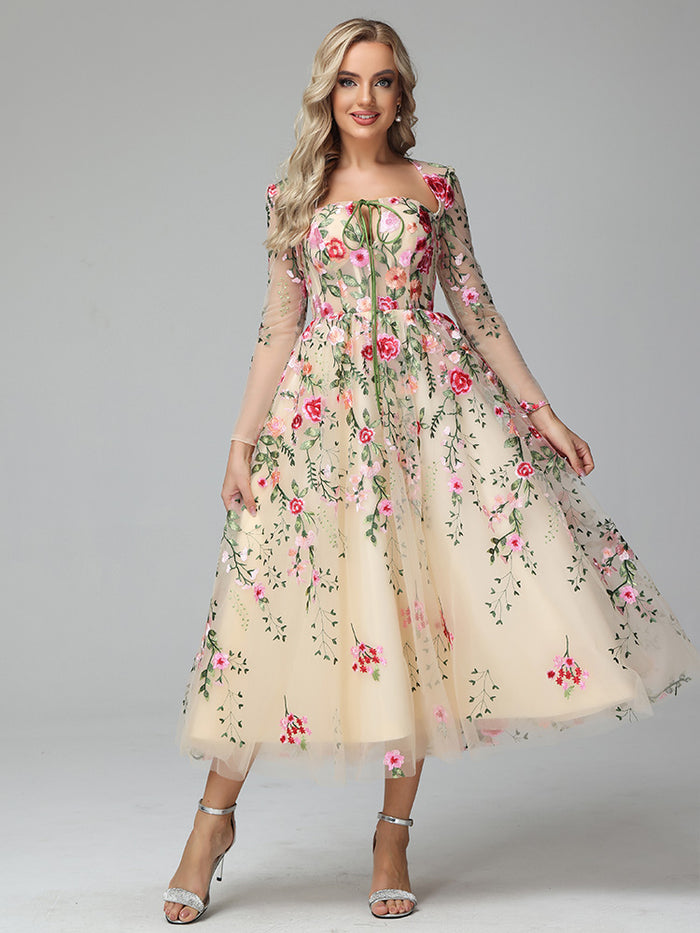 Cicinia Tea Length Strapless Zipper Long Sleeves Prom Dresses