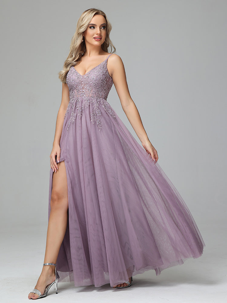 V-neck Floor Length Sleeveless Prom Dresses