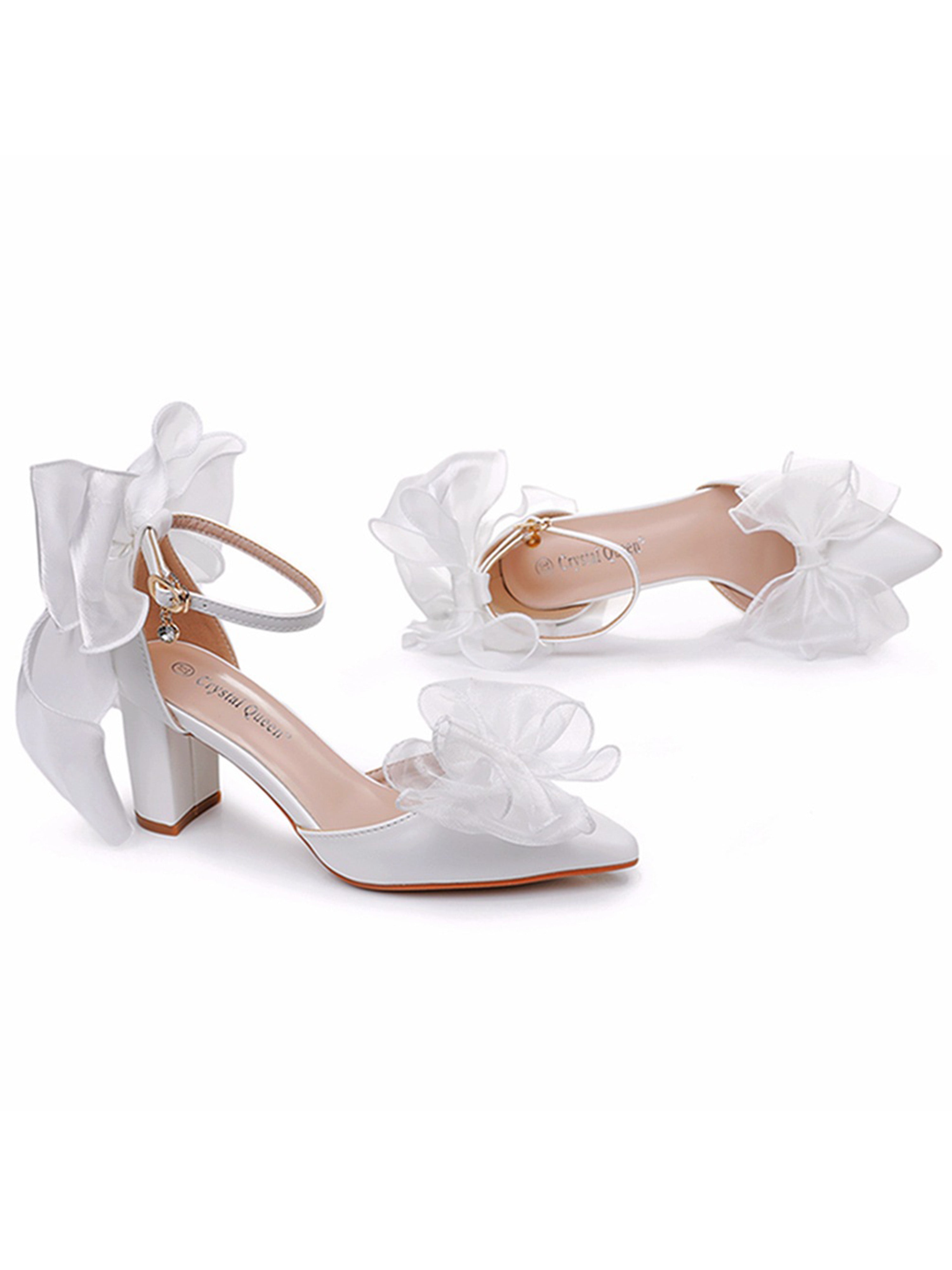 Block Heels White Swallowtail Bow High Heels with Lace
