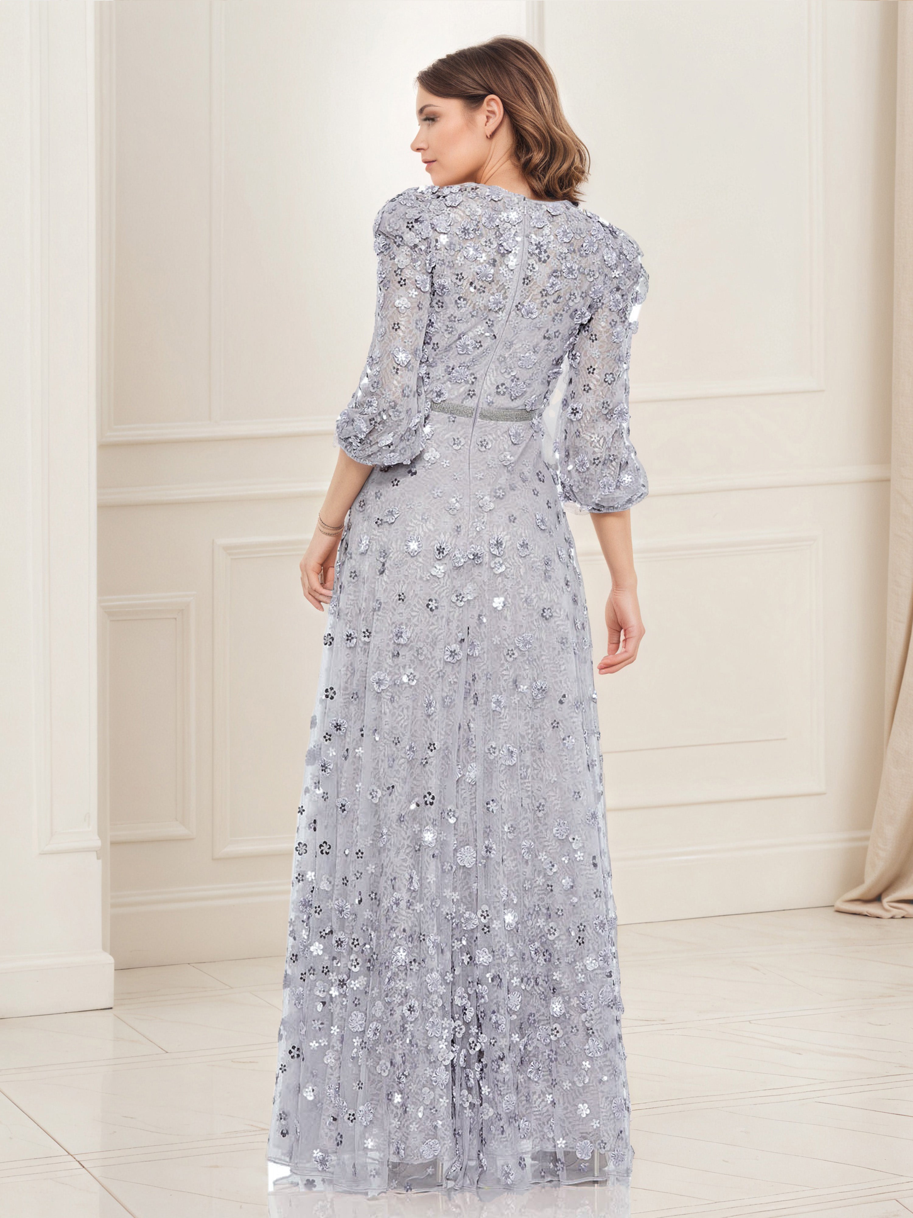 Silver Prom Dresses Women's Dress Floral Appliques 3/4 Sleeve A-Line Prom Dress
