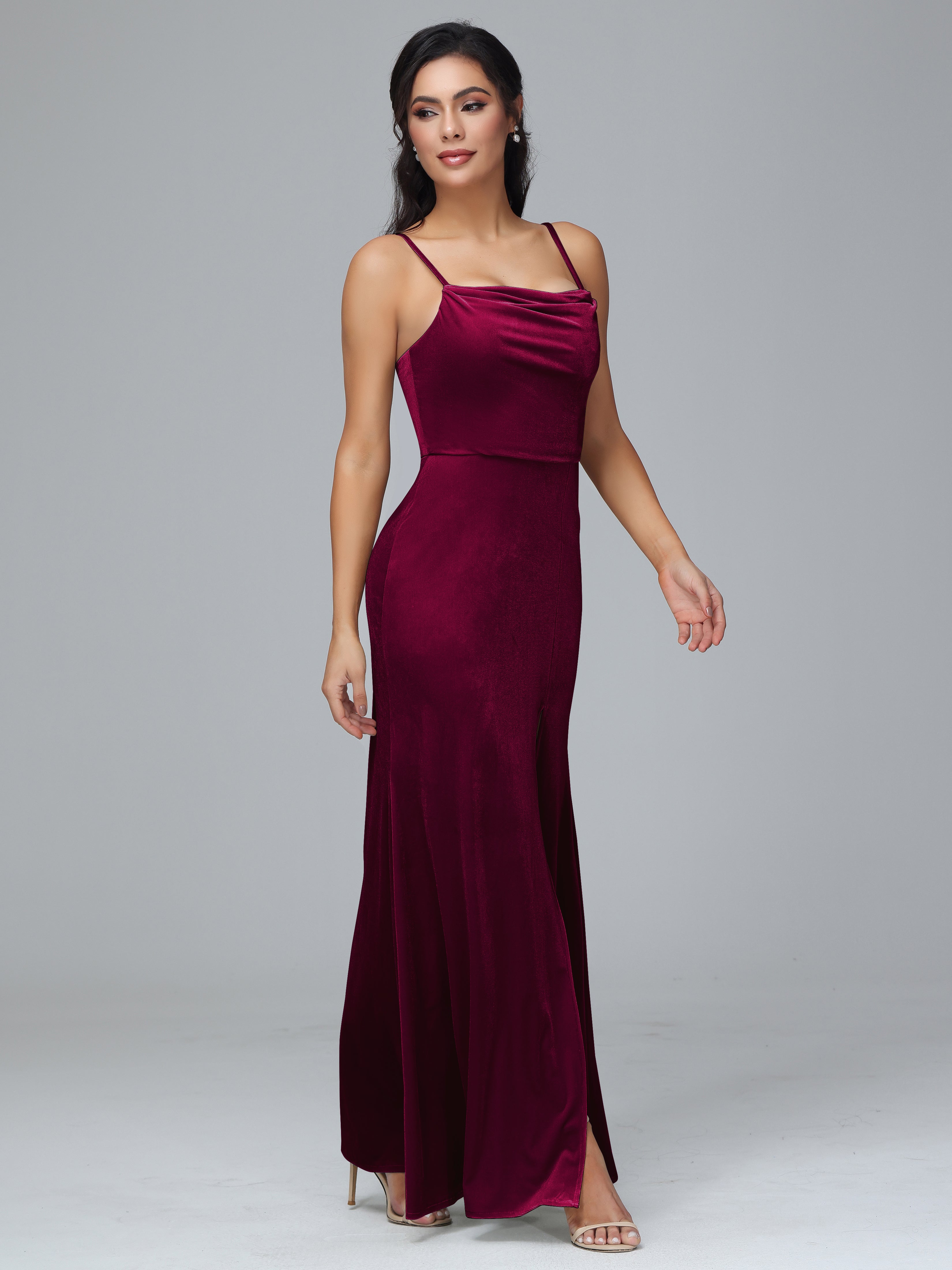 Spaghetti Straps Velvet Bridesmaid Dresses With Split