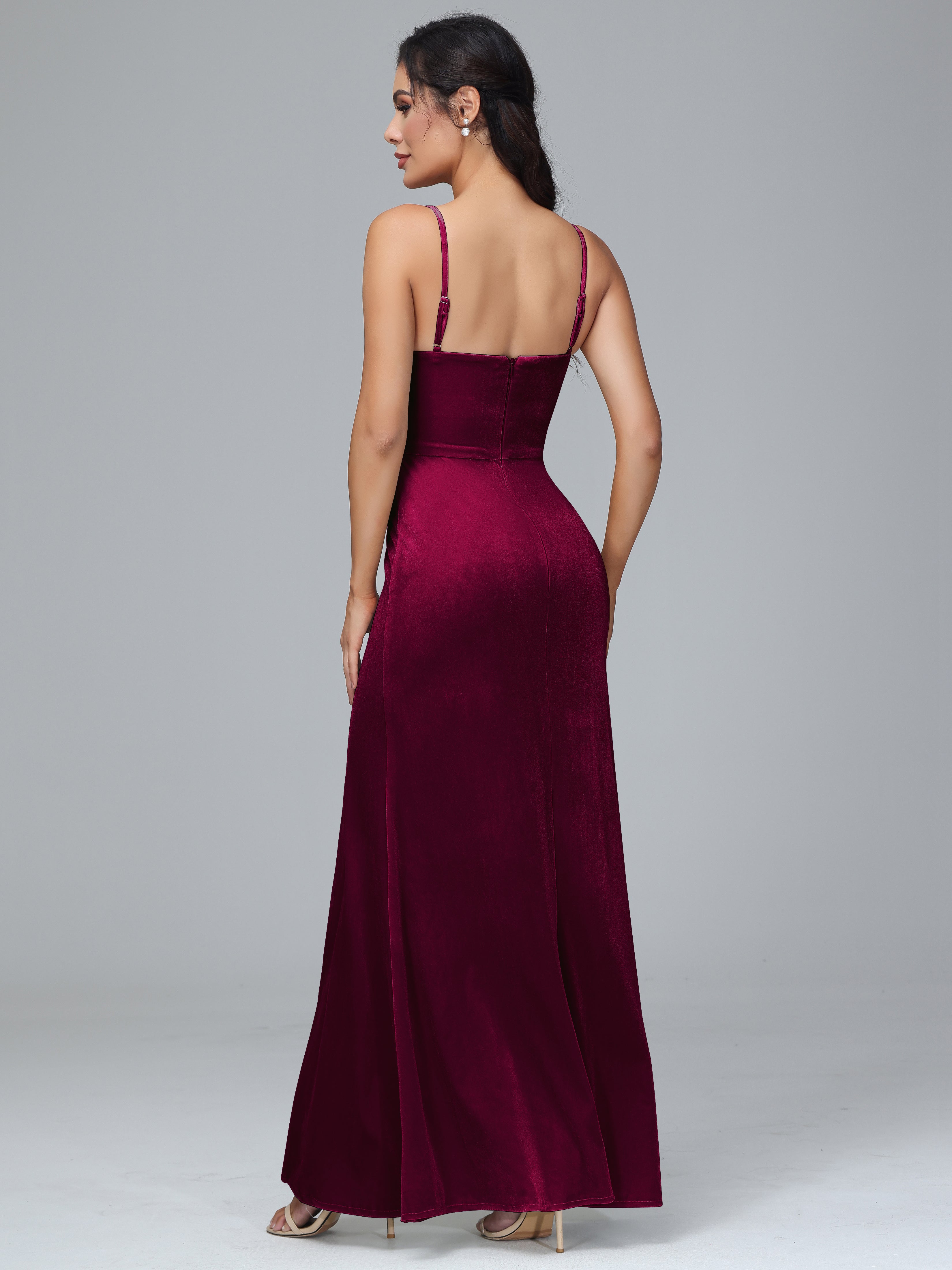 Spaghetti Straps Velvet Bridesmaid Dresses With Split