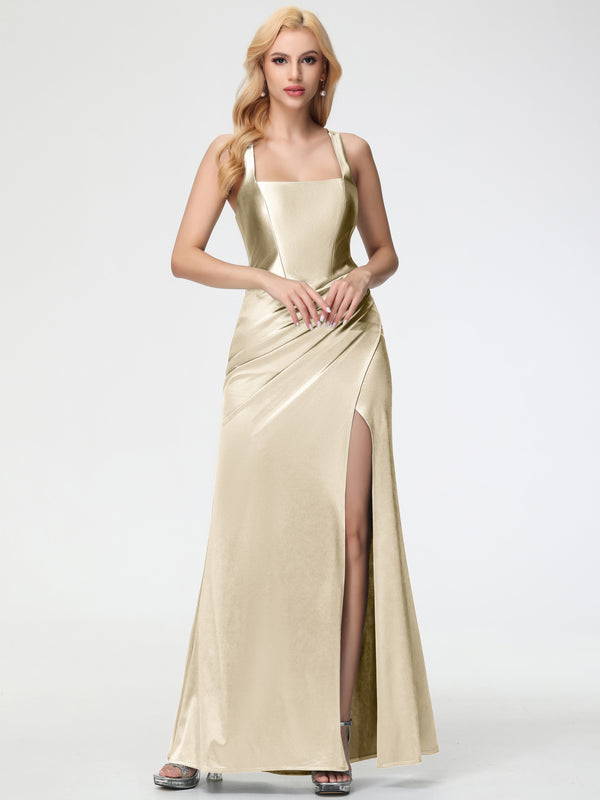 Champagne Satin Prom Dresses Square Neckline Pleats Stretch Satin Prom