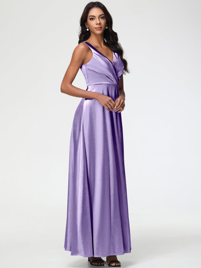Bridesmaid Dresses Regency Purple Sleeveless Stretch Satin V-Neck Floor Length A Line Long Stretch Satin Bridesmaid Dresses