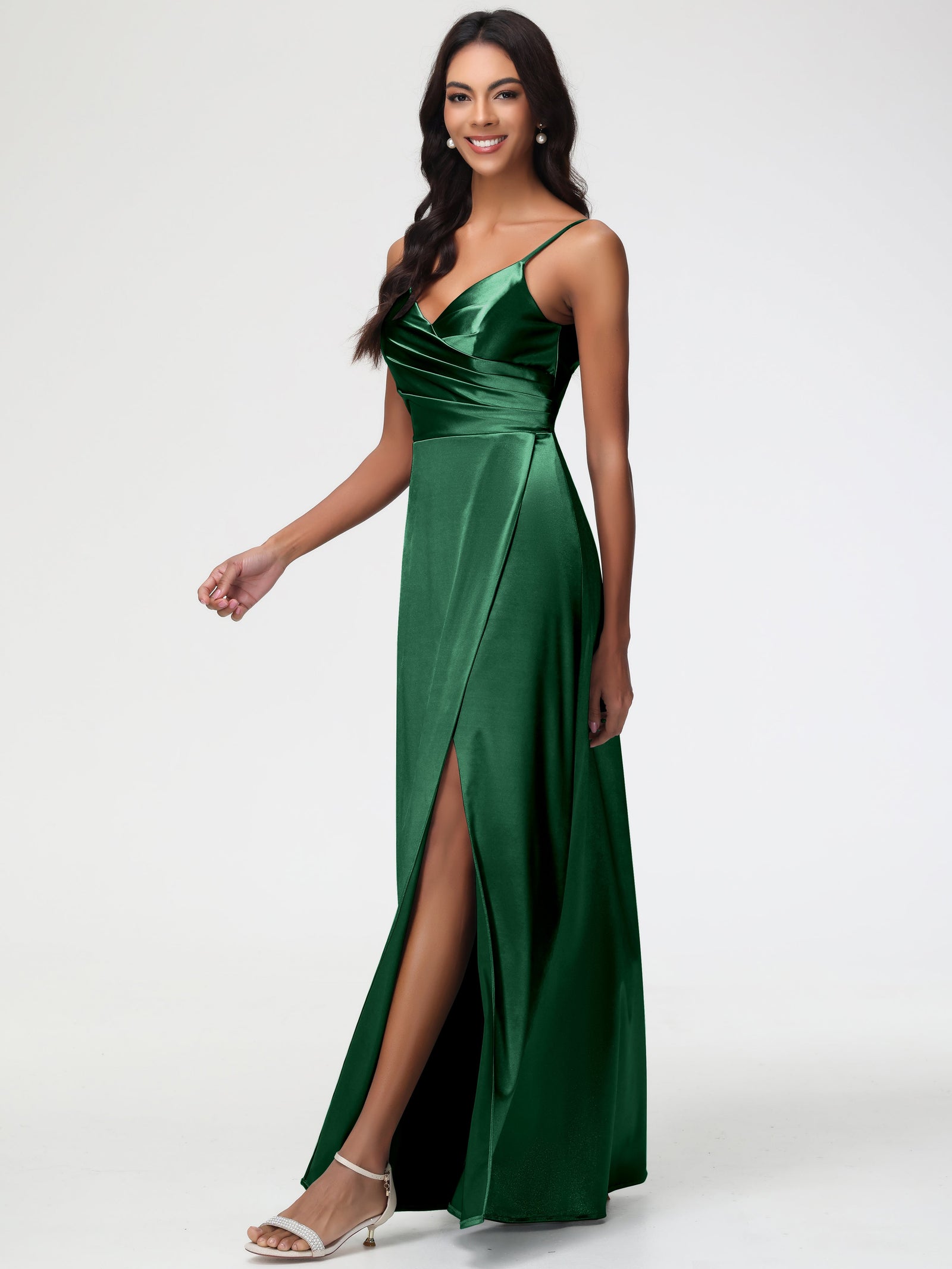 Modest Dark Green Bridesmaid Dresses Spaghetti Straps Pleated Sleeveless V-Neck Long Stretch Satin Bridesmaid Dresses