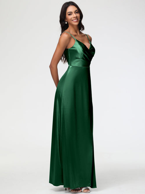 Dark Navy Blue Bridesmaid Dresses Spaghetti Straps Pleated Sleeveless V-Neck Long Stretch Satin Bridesmaid Dresses