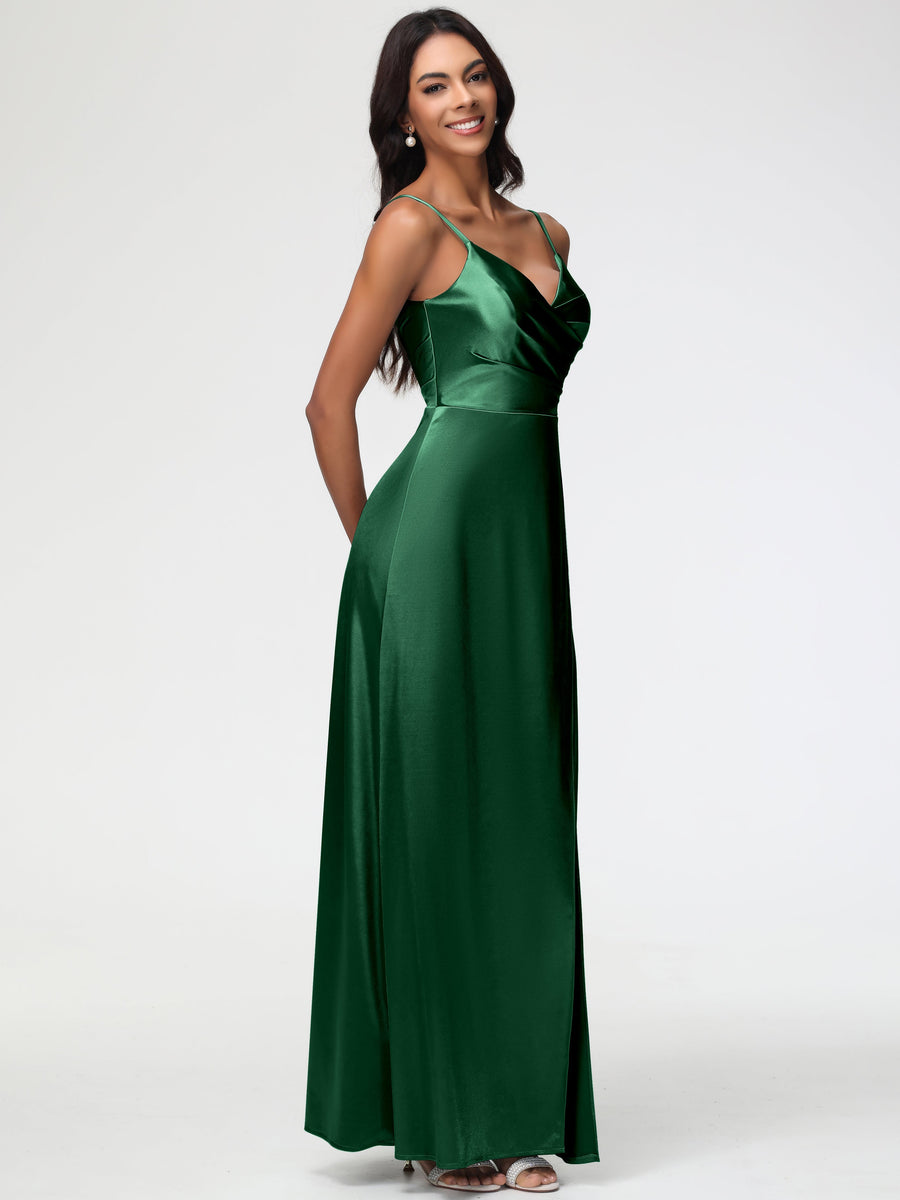 Ivory Colour Bridesmaid Dresses Spaghetti Straps Pleated Sleeveless V-Neck Long Stretch Satin Bridesmaid Dresses