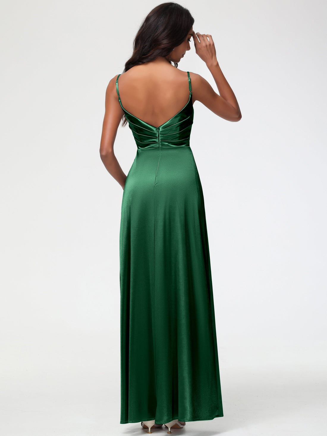 Peacock Bridesmaid Dresses Spaghetti Straps Pleated Sleeveless V-Neck Long Stretch Satin Bridesmaid Dresses