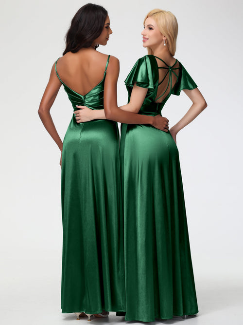Fuchsia Color Bridesmaid Dress Spaghetti Straps Pleated Sleeveless V-Neck Long Stretch Satin Bridesmaid Dresses