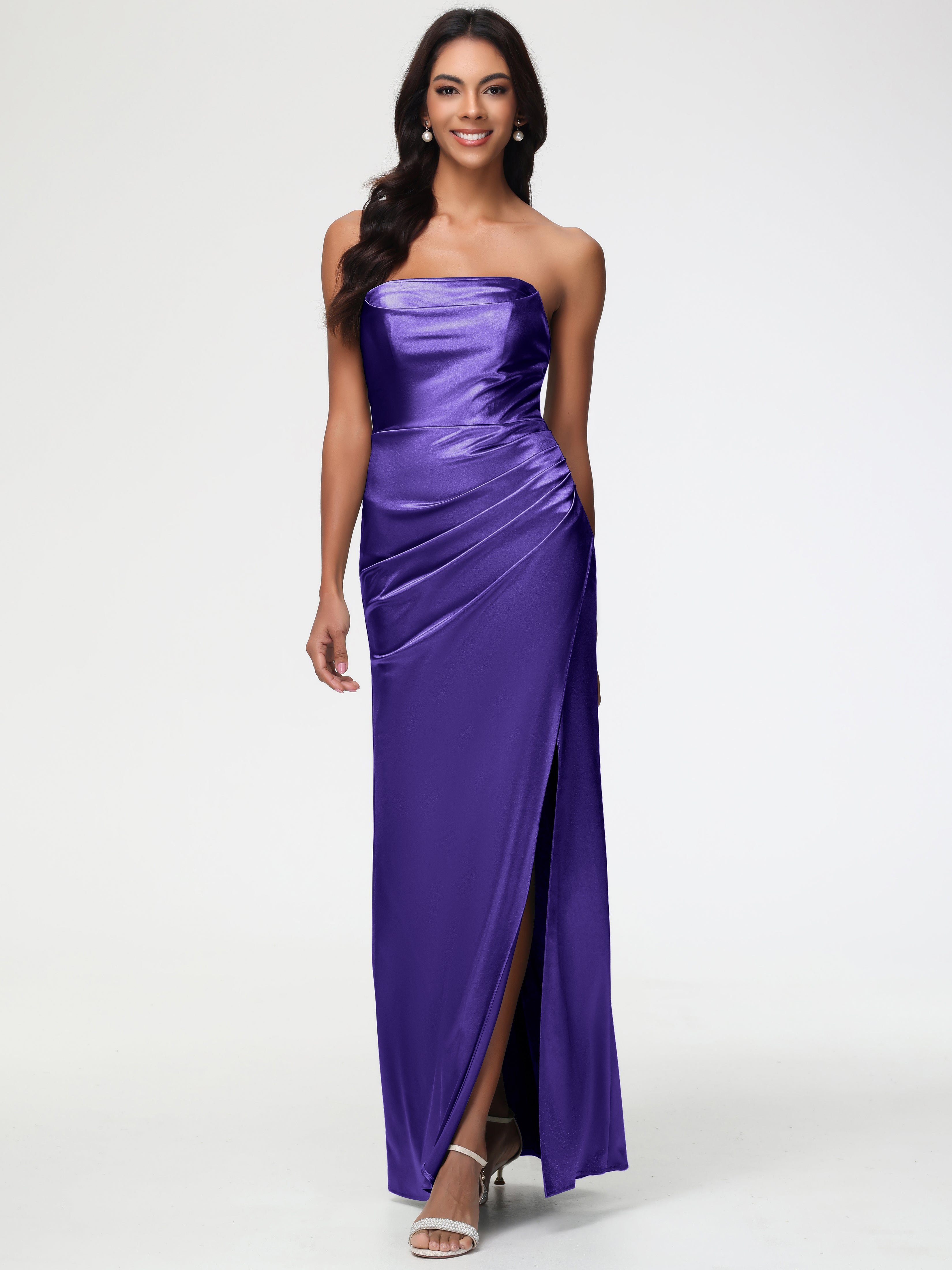 Prom Stretch R Hemi Regency Prom Dresses Strapless Sheath/Column Pleats Stretch Satin Prom