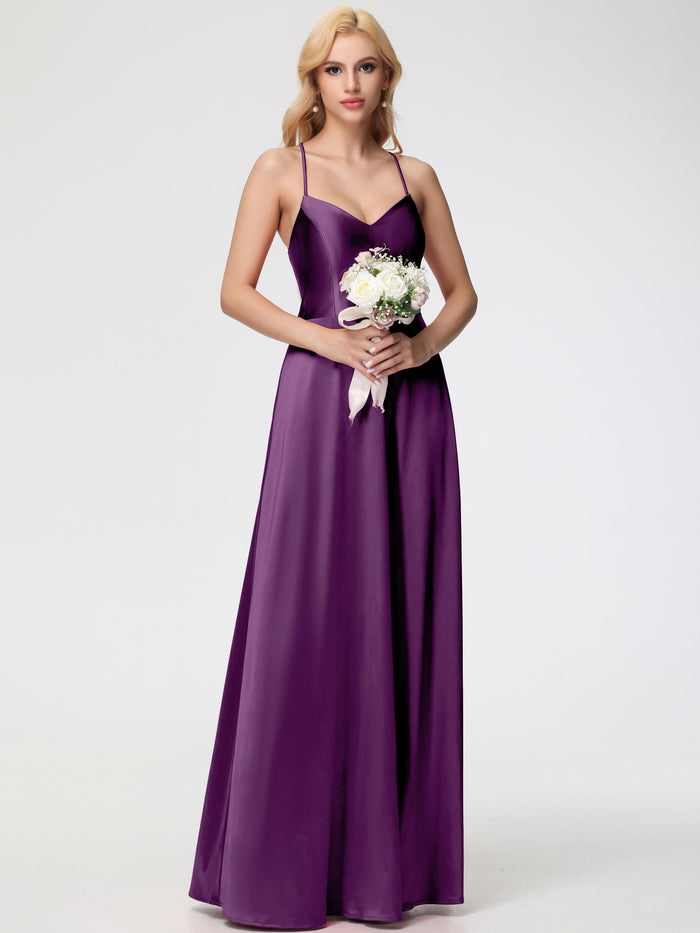 A Line Spaghetti Straps V Neck Criss Cross Chiffon Pleats Prom Dresses LBQ3411 main image 1