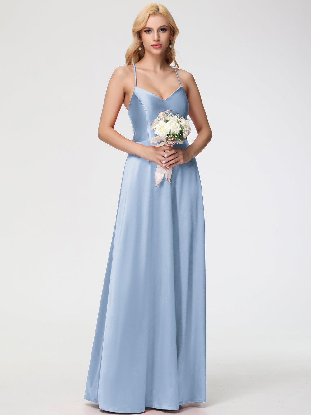 Sky Blue Dress For Bridesmaid Spaghetti Straps Pleats Criss-Cross Stra