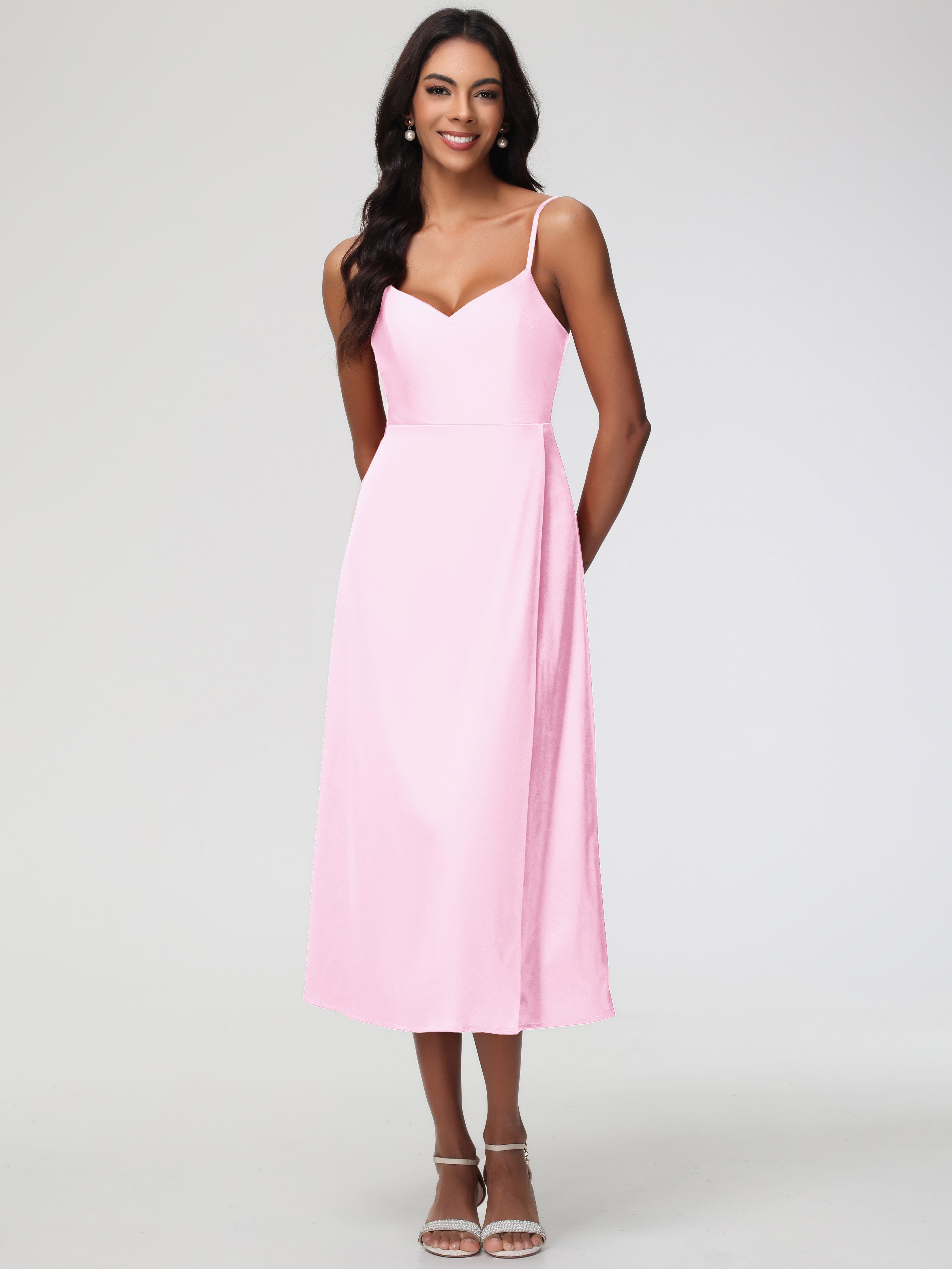 Prom Stretch R Hemi Blush Pink Prom Spaghetti Straps Tea Length Back Zip Stretch Satin Pro