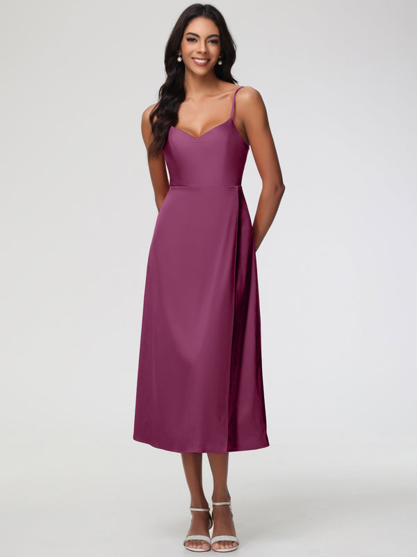 Pleated A-line Spaghetti Straps V-neck Dresses Mulberry