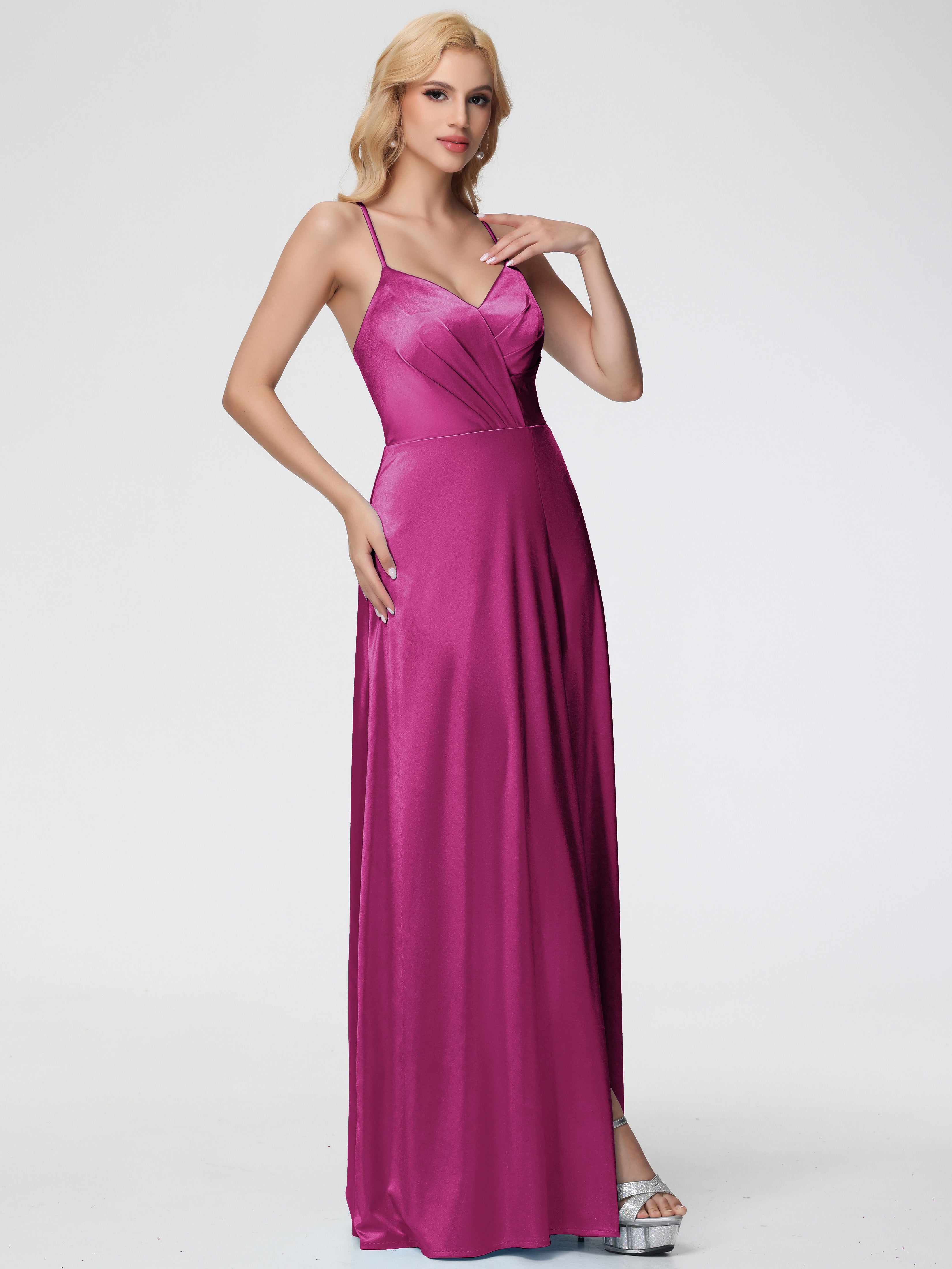 Prom Stretch R Hemi Fuchsia Prom Floor Length A-Line Spaghetti Split Stretch Satin Prom Dr