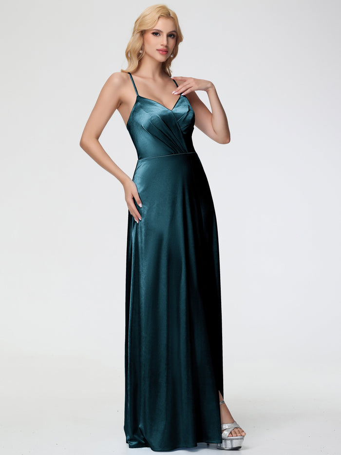 Half Sleeves Square A-Line long Bridesmaid Dress - Peacock Blue main image 1