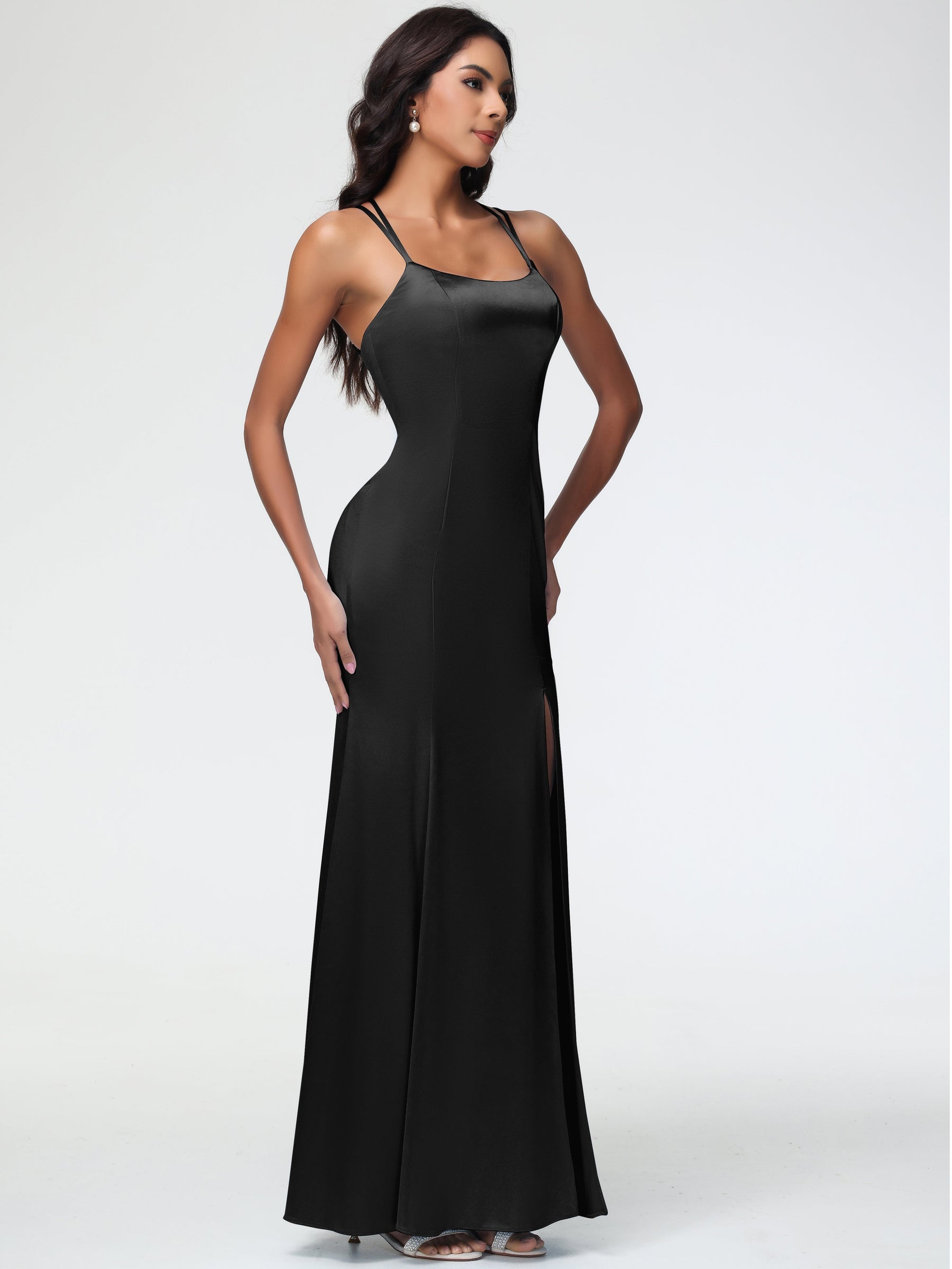 Black Lace Bridesmaid Dress with Slit SCB68