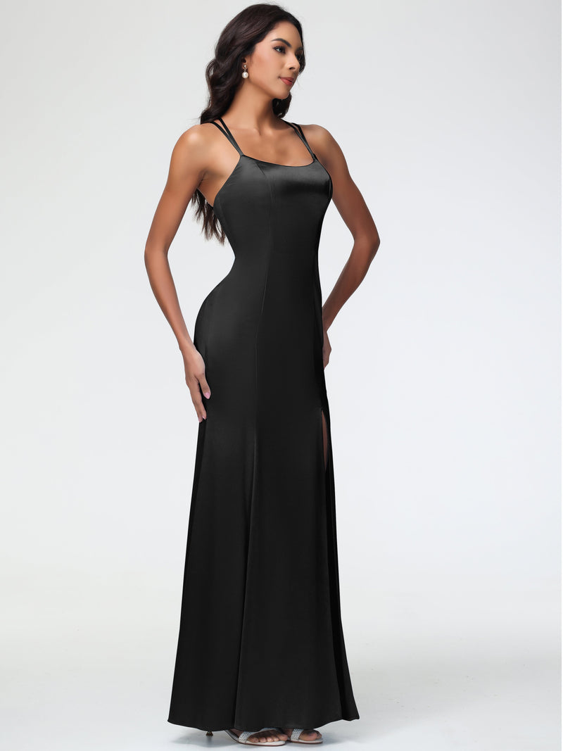 Scoop Ruffles Black Satin Side Slit Bridesmaid Dresses