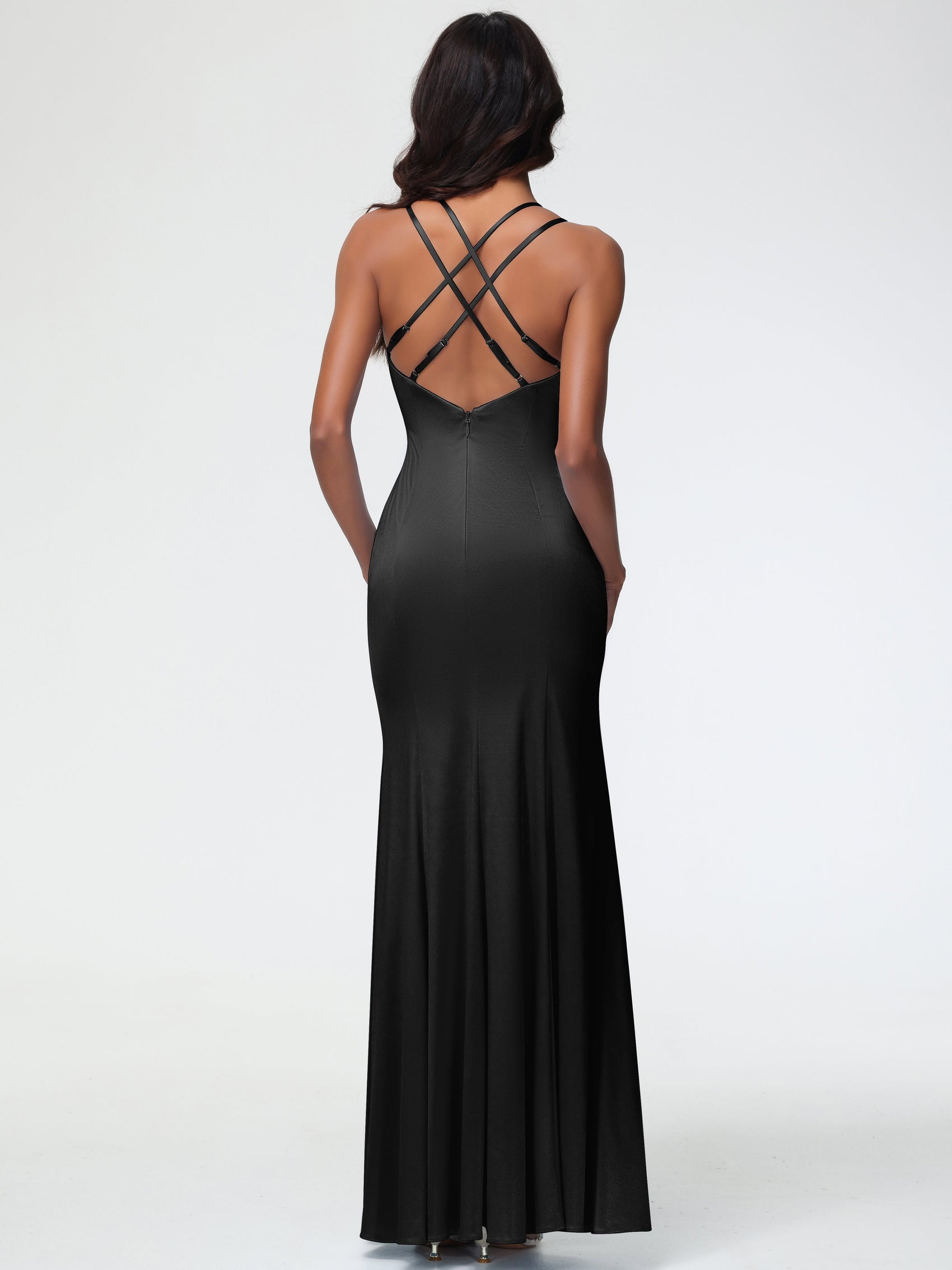 Black Mermaid Halter Open Back Floor Length Satin Bridesmaid Dress main image 0