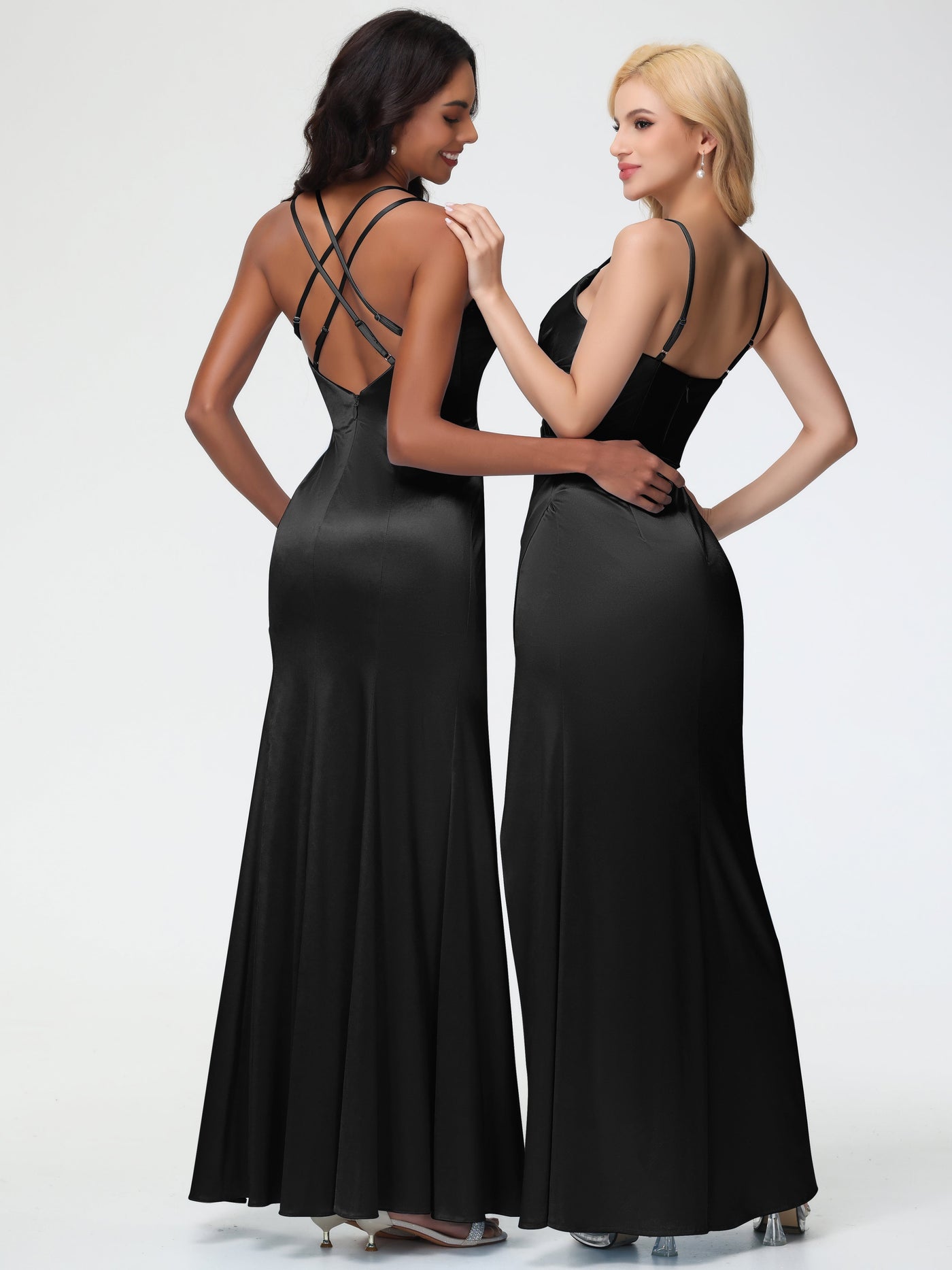 Black Satin Bridesmaid Dresses Mermaid Slit Floor Length Sleeveless Sp