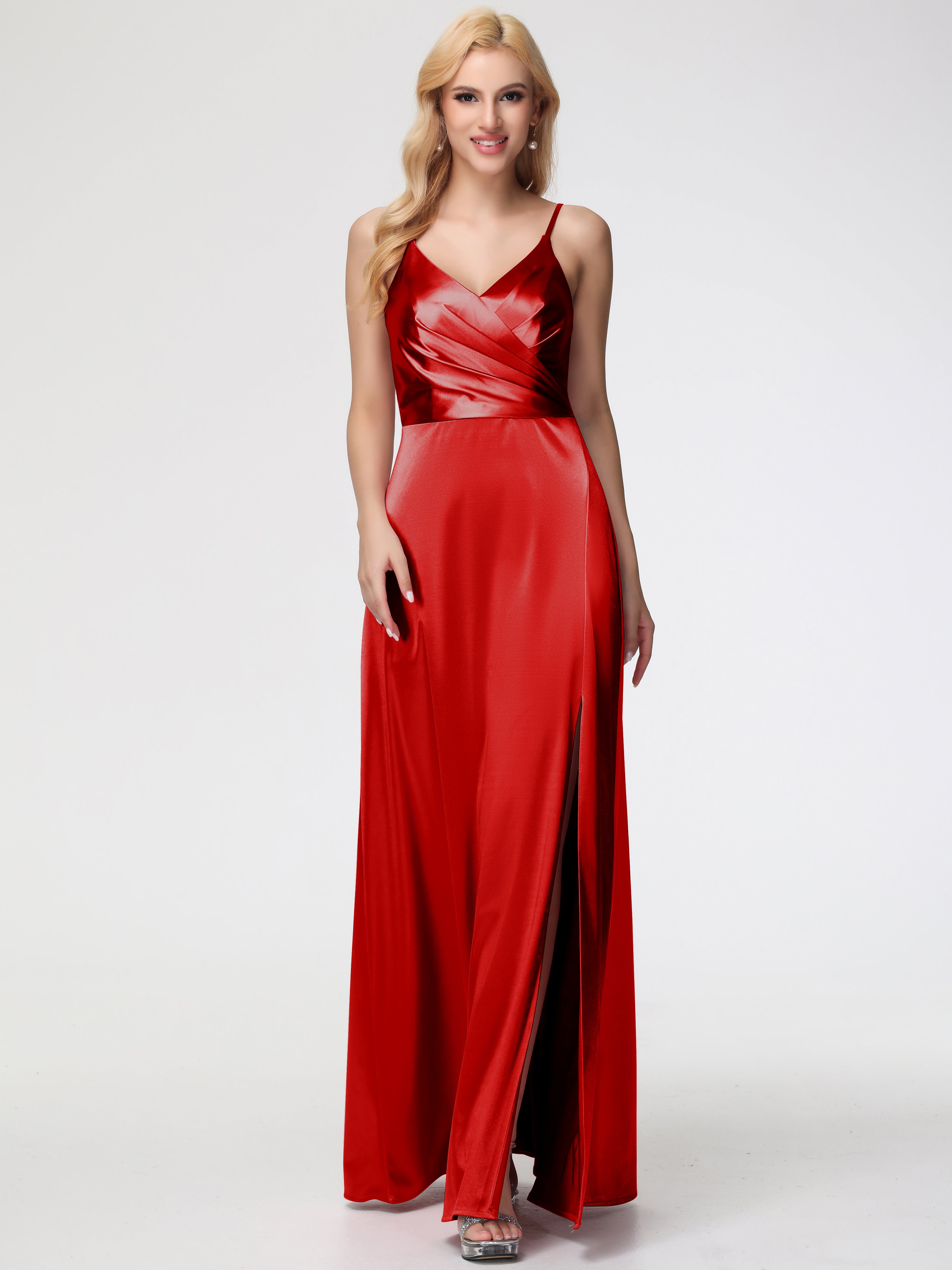 Prom Red Dresses Spaghetti Straps A-Line V-Neck Pleats Stretch Satin P