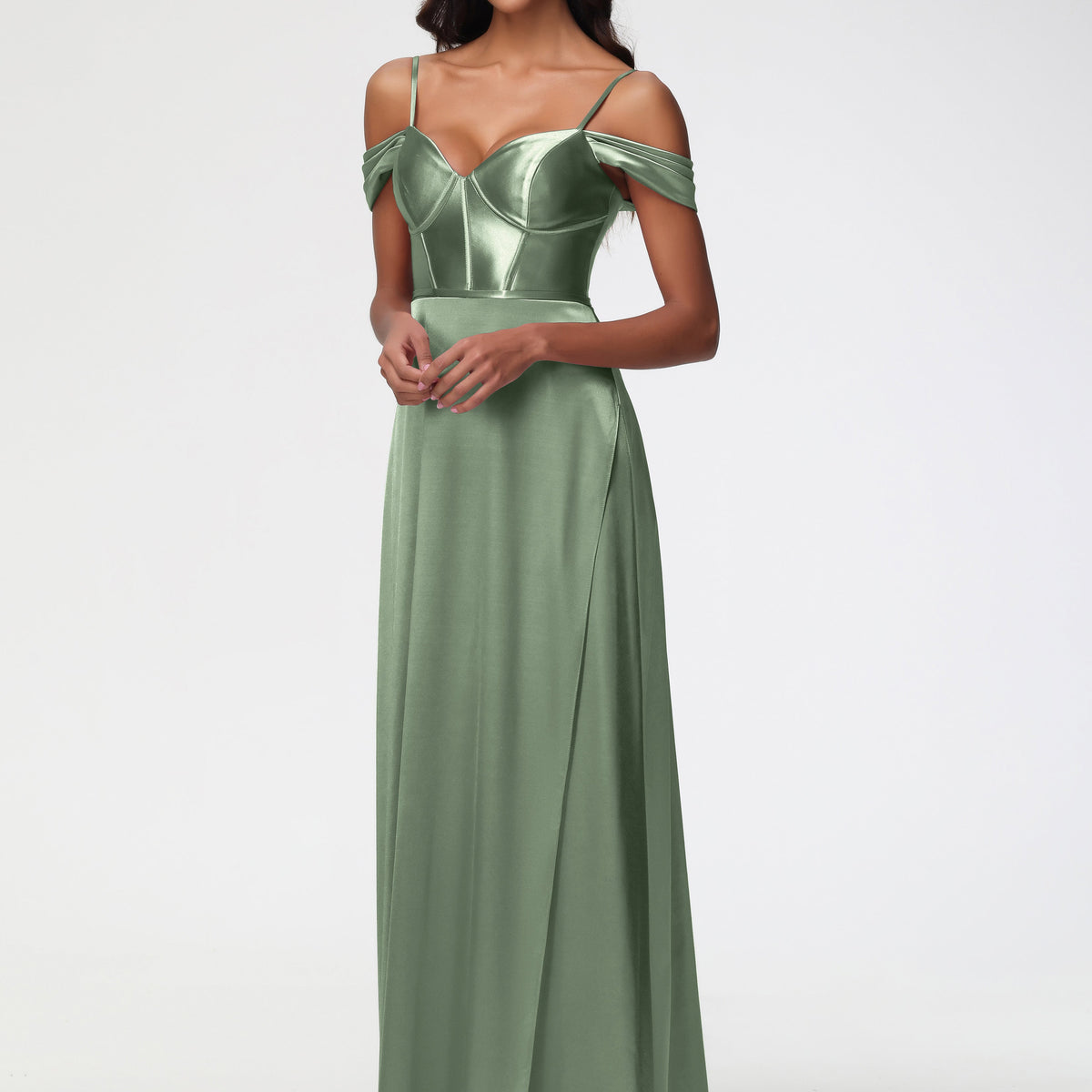 dusty sage green bridesmaid dresses Chic Bateau Neckline Ruffle Short Sleeves Sheath/Column Chiffon Bridesmaid Dress with Slit 1x Women Dress Zapaka Women Dusty Sage Bridesmaid