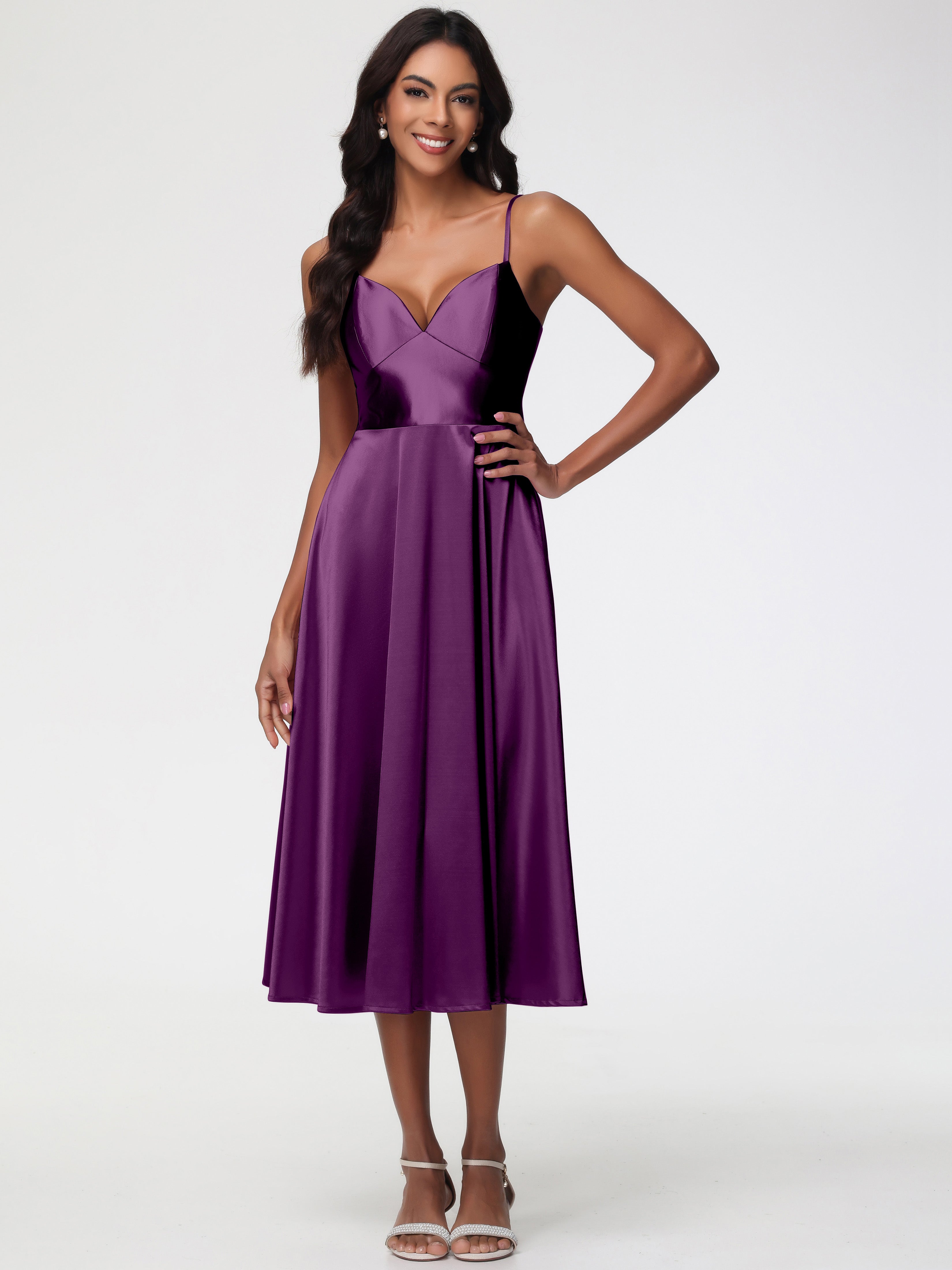 Prom Stretch R Hemi Grape Prom Stretch Satin Simple A Line Spaghetti Straps Tea Length Pro
