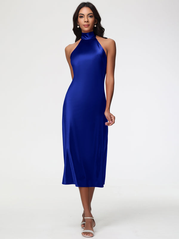 Royal Blue Tea Length Prom Dresses Tea-Length High Neck Sleeveless Str