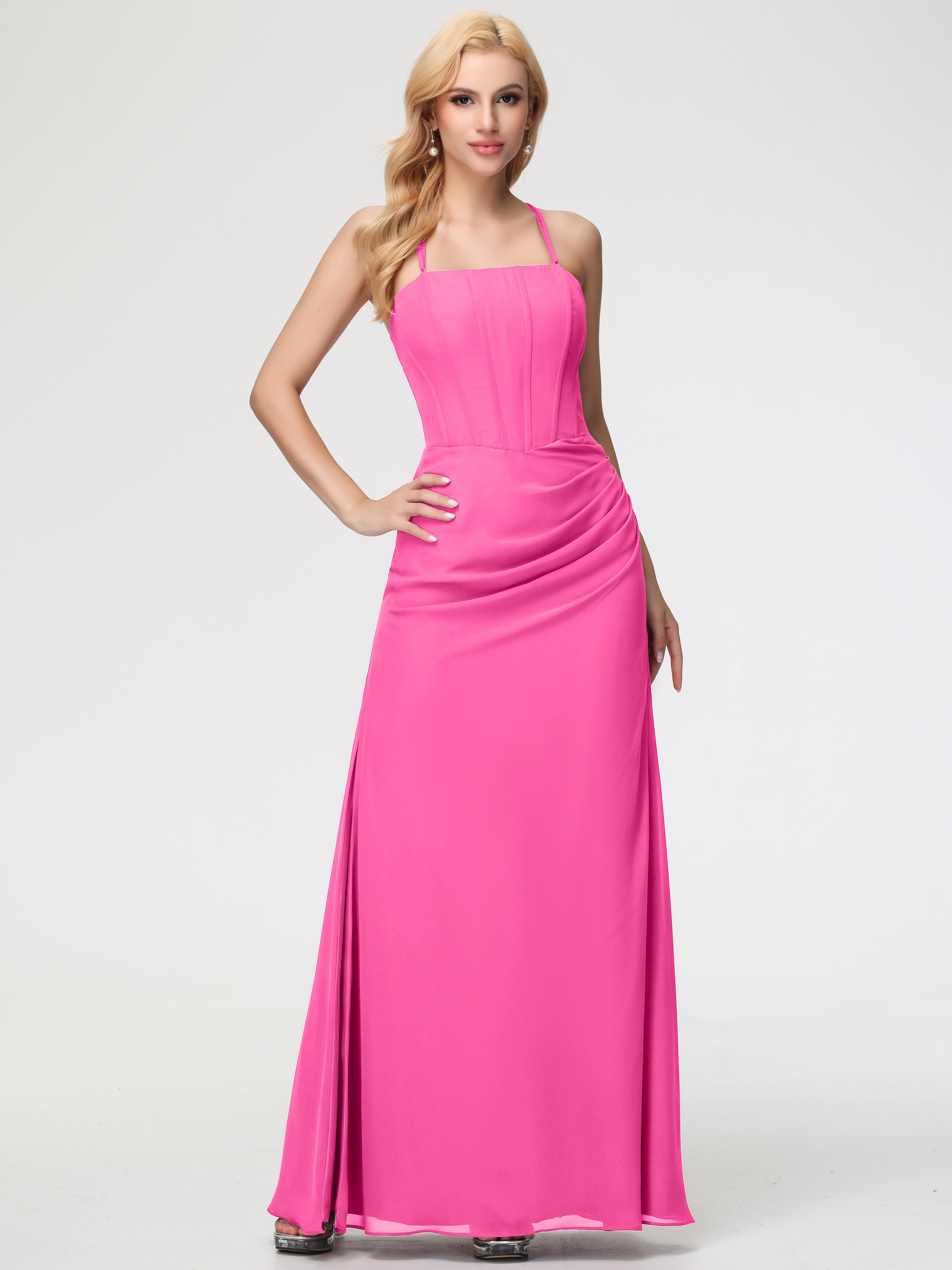 Spaghetti Straps Sheath/Column Long Chiffon Bridesmaid Dresses With Split