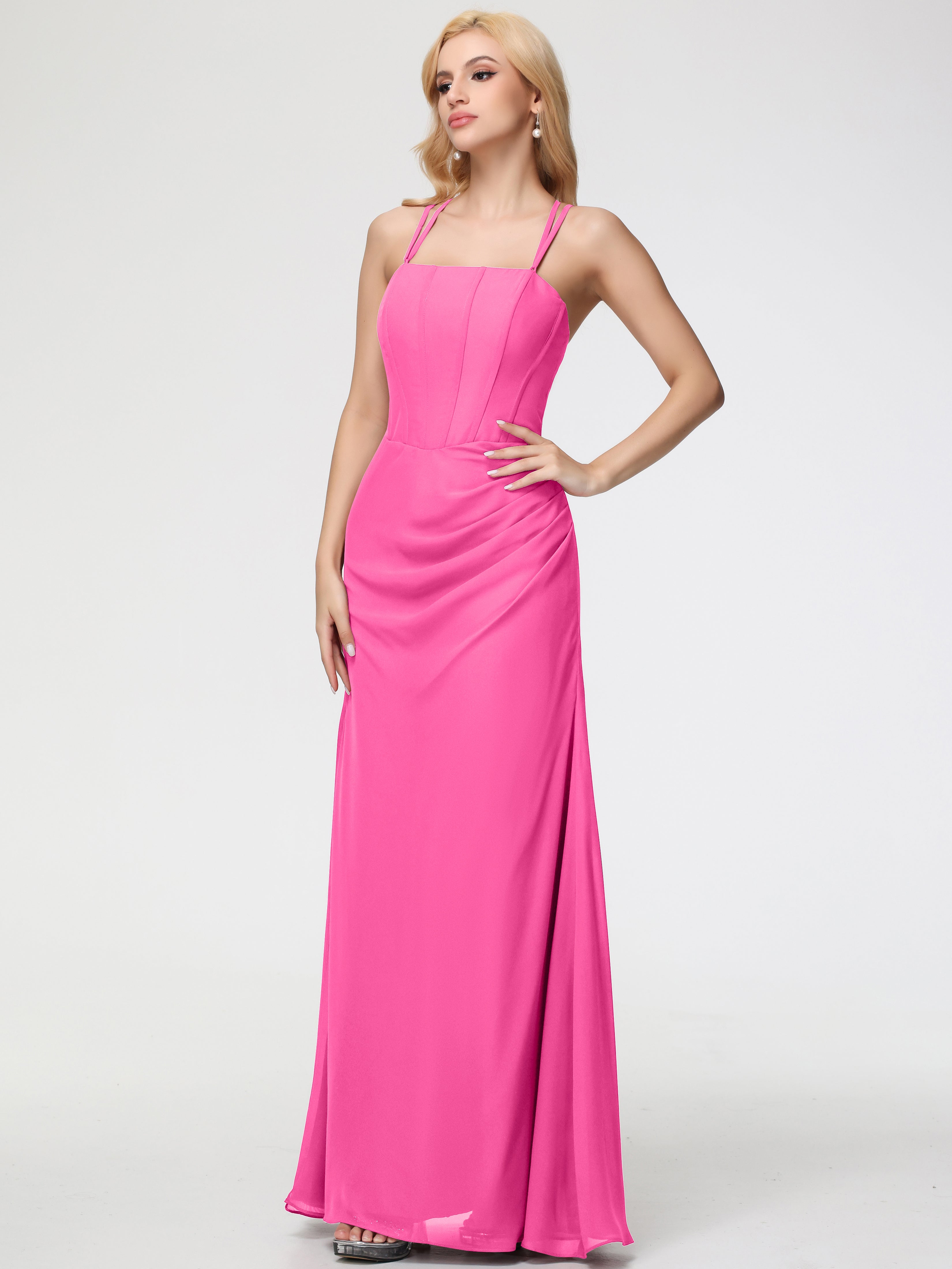 Spaghetti Straps Sheath/Column Long Chiffon Bridesmaid Dresses With Split