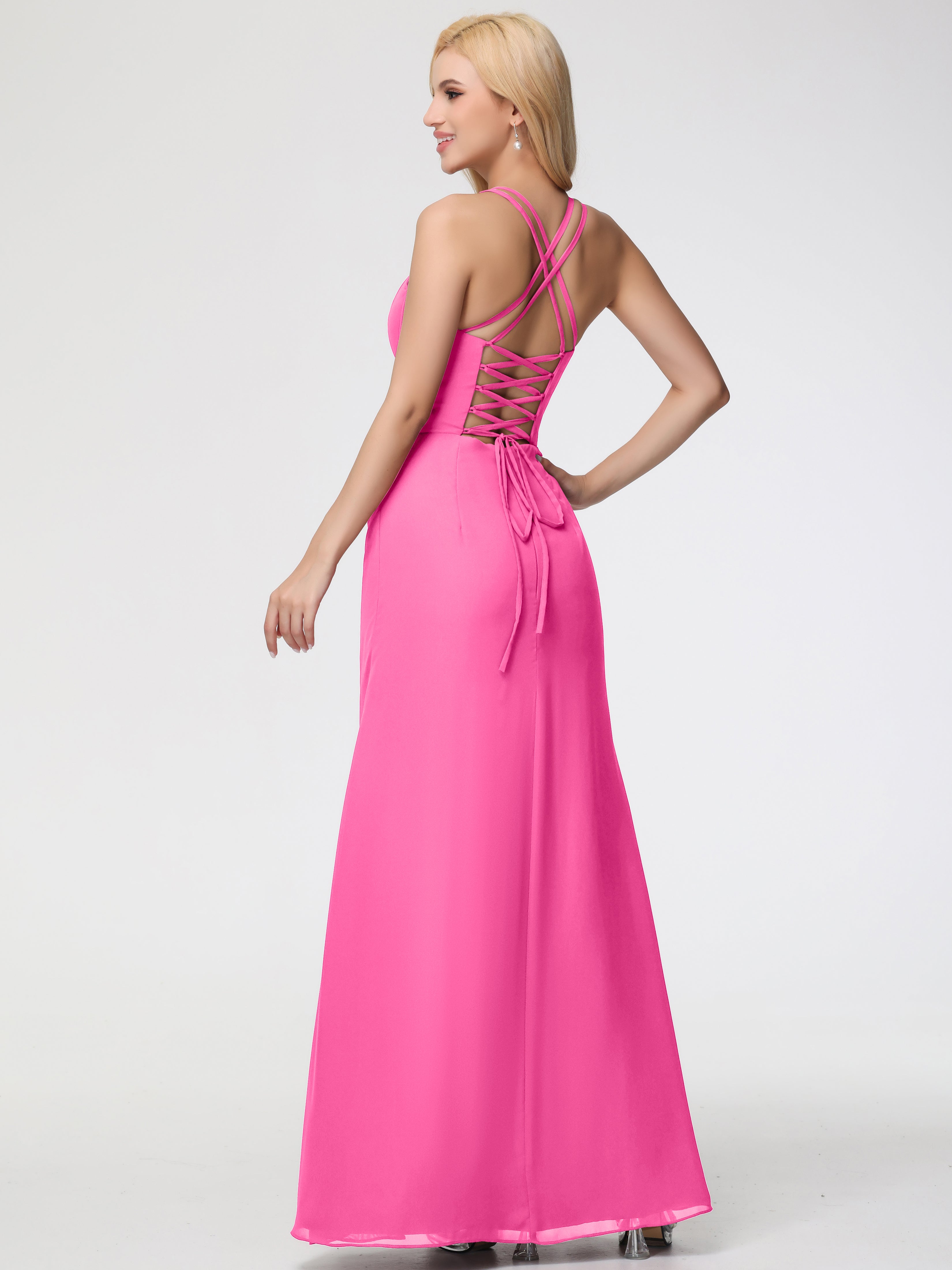 Spaghetti Straps Sheath/Column Long Chiffon Bridesmaid Dresses With Split
