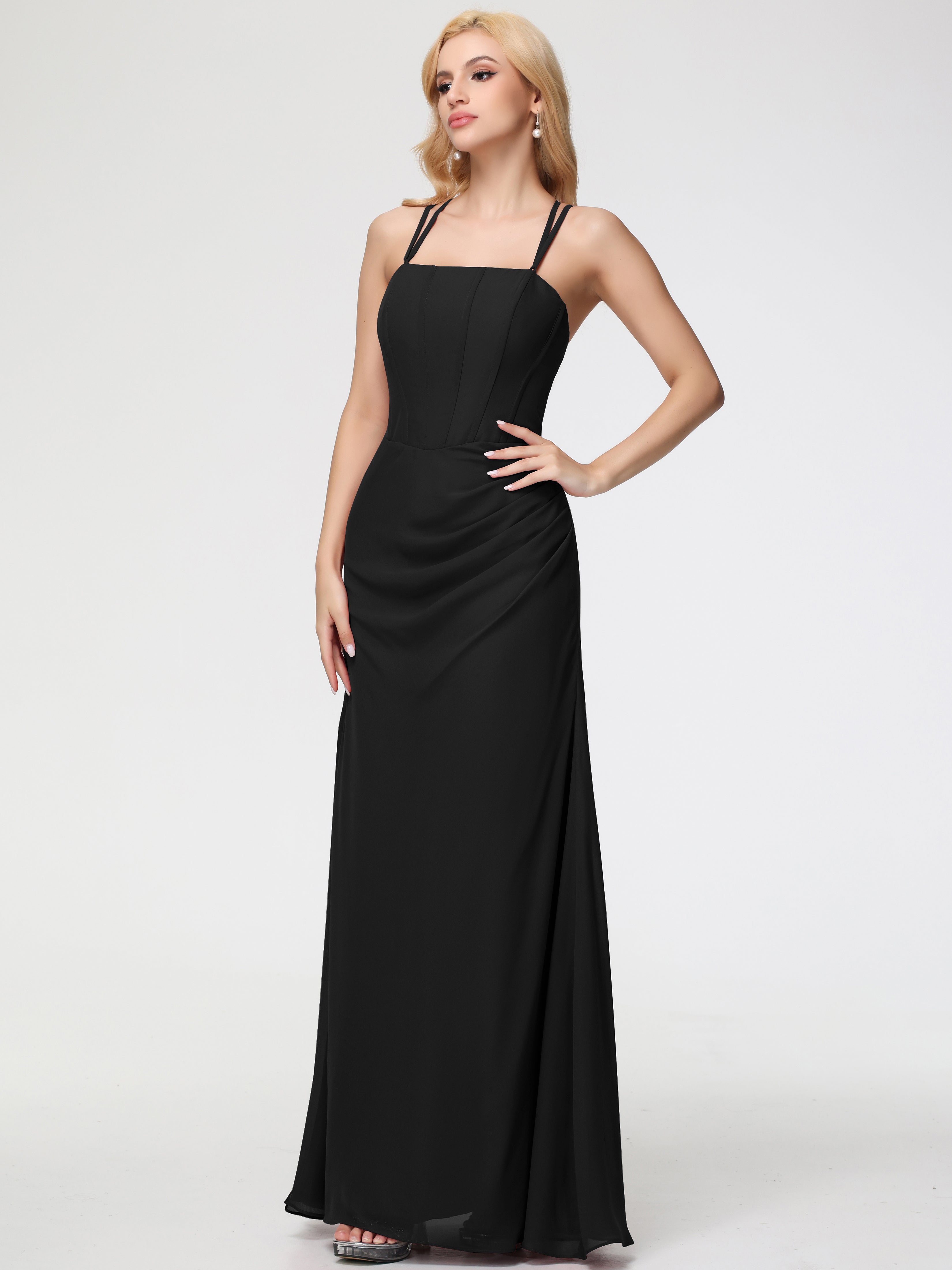 Spaghetti Straps Sheath/Column Long Chiffon Bridesmaid Dresses With Split
