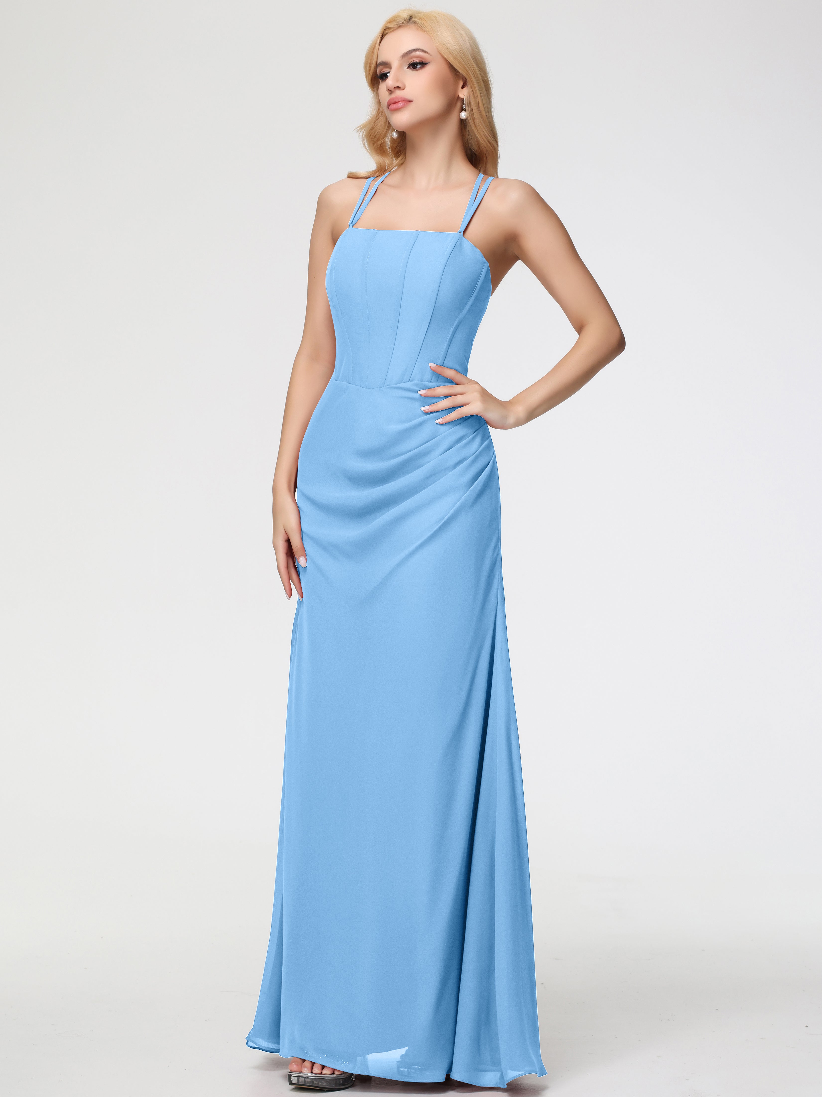 Spaghetti Straps Sheath/Column Long Chiffon Bridesmaid Dresses With Split