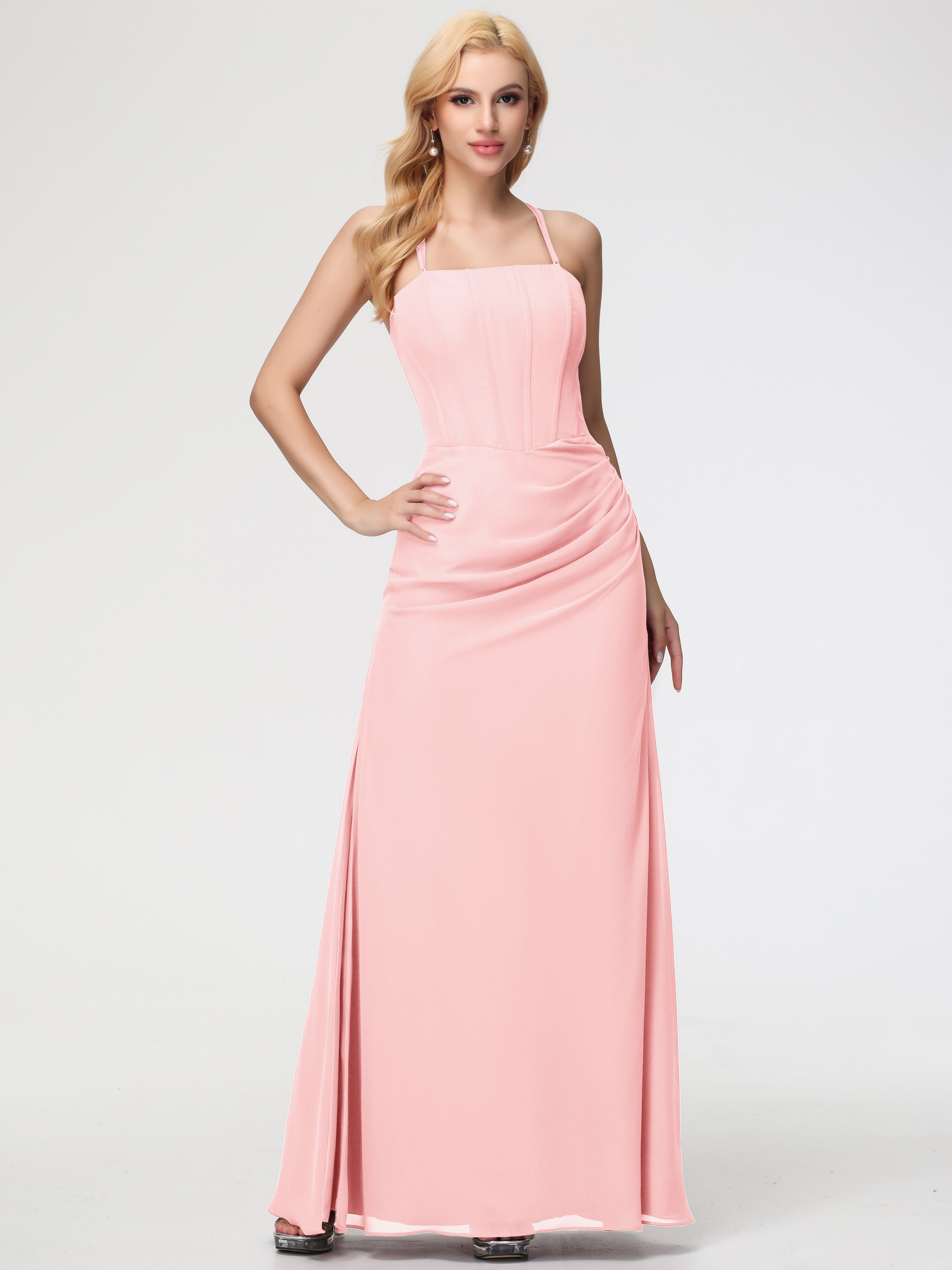 Spaghetti Straps Sheath/Column Long Chiffon Bridesmaid Dresses With Split