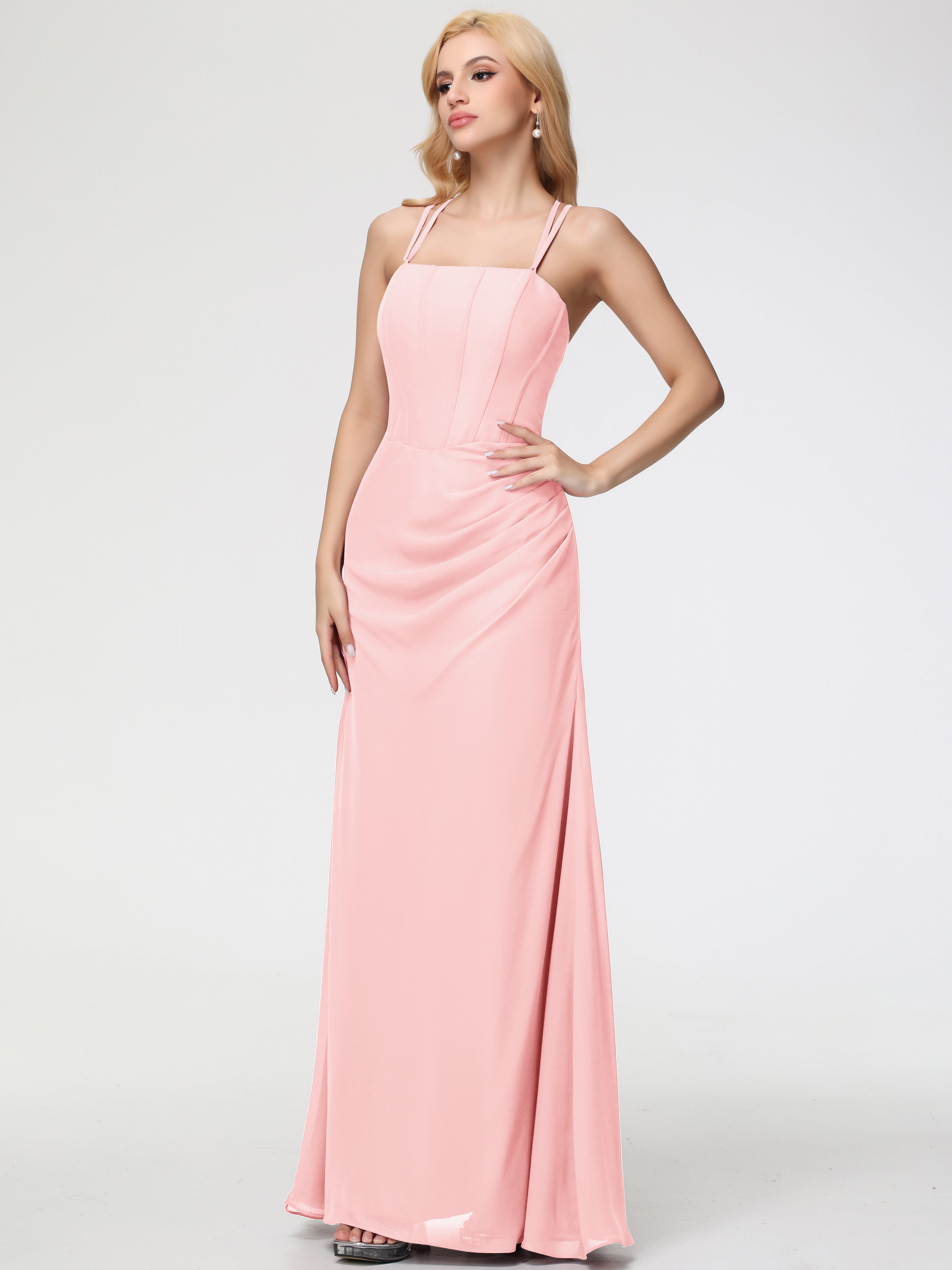 Spaghetti Straps Sheath/Column Long Chiffon Bridesmaid Dresses With Split