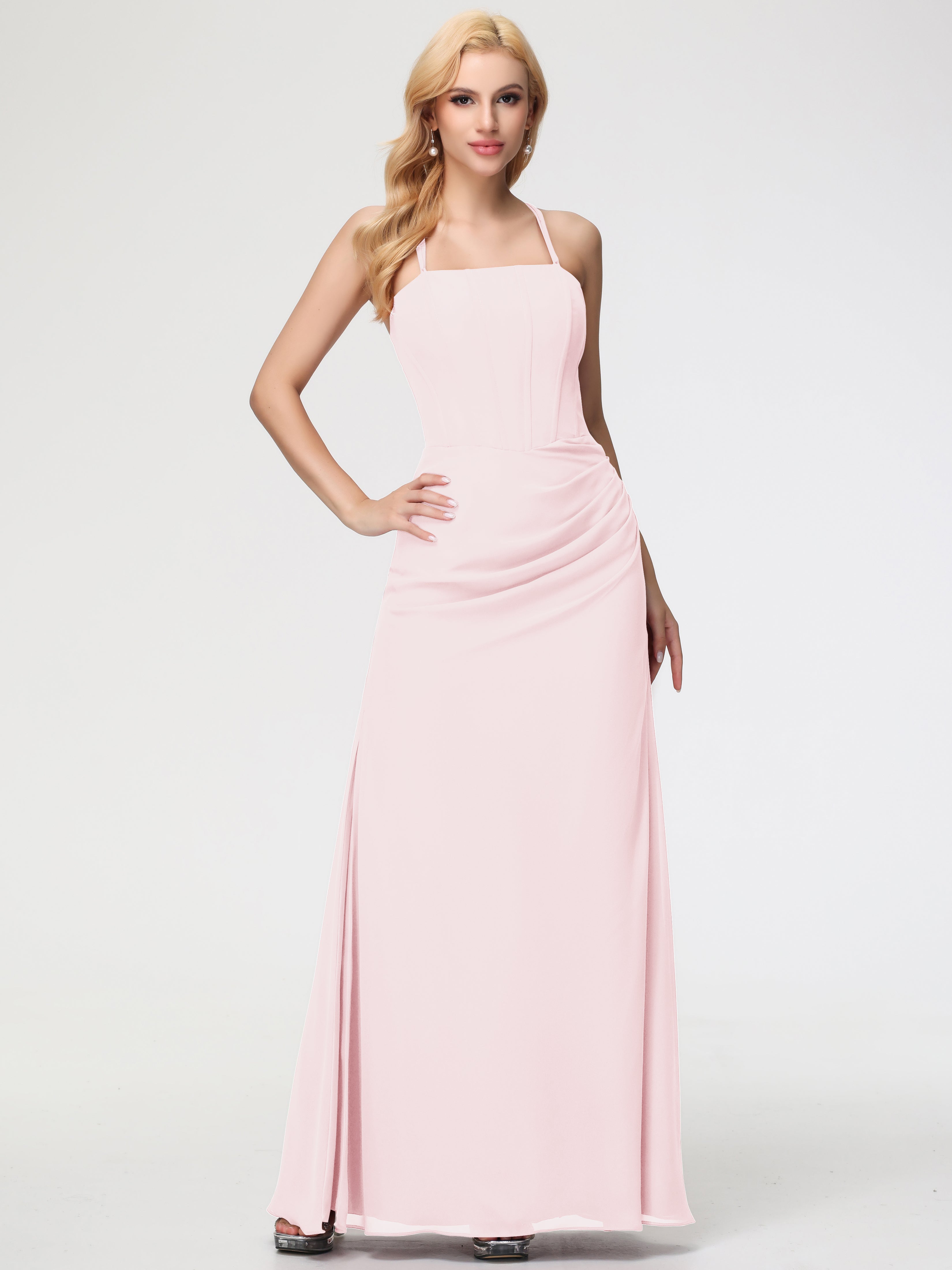 Spaghetti Straps Sheath/Column Long Chiffon Bridesmaid Dresses With Split