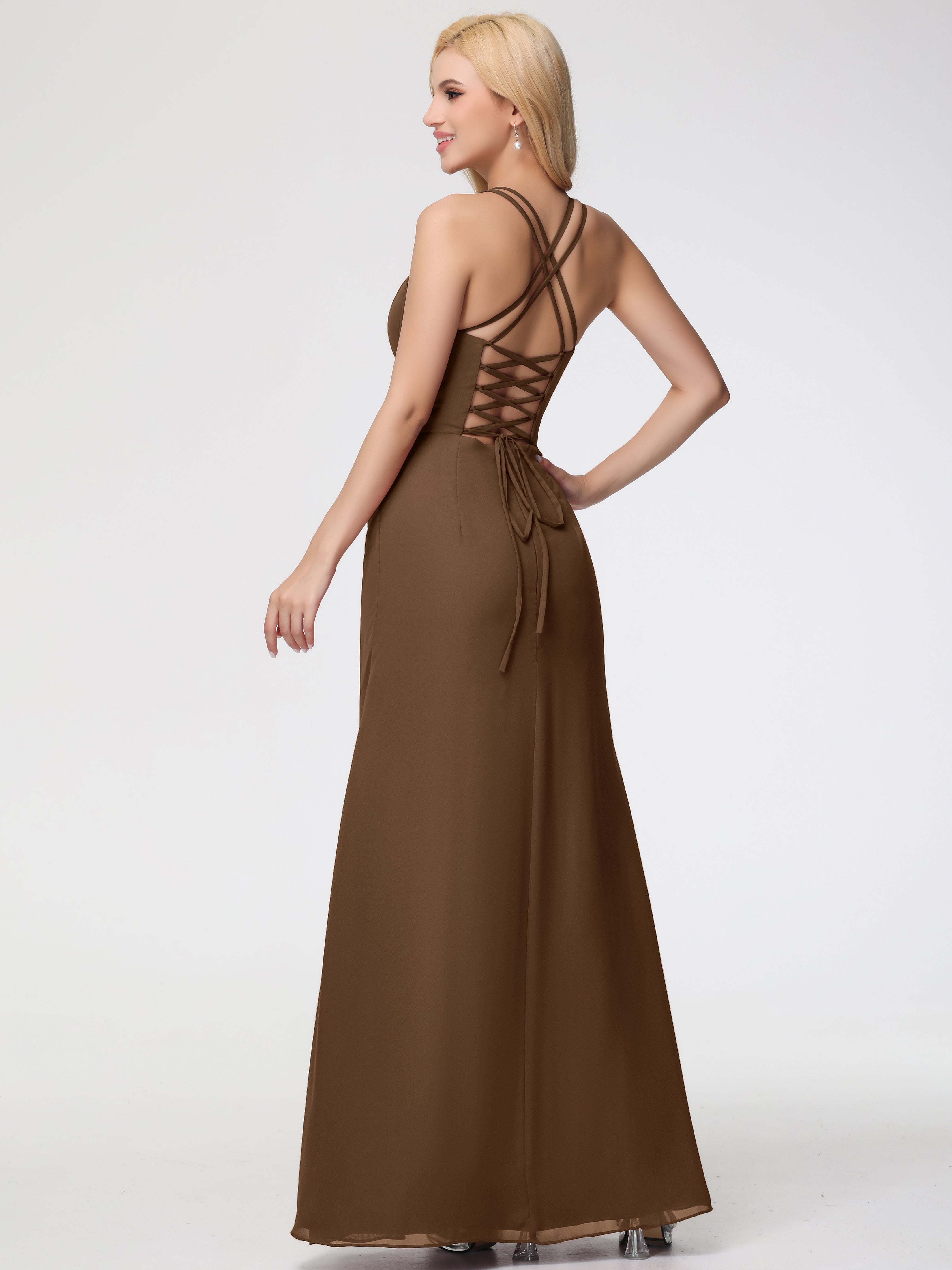 Spaghetti Straps Sheath/Column Long Chiffon Bridesmaid Dresses With Split