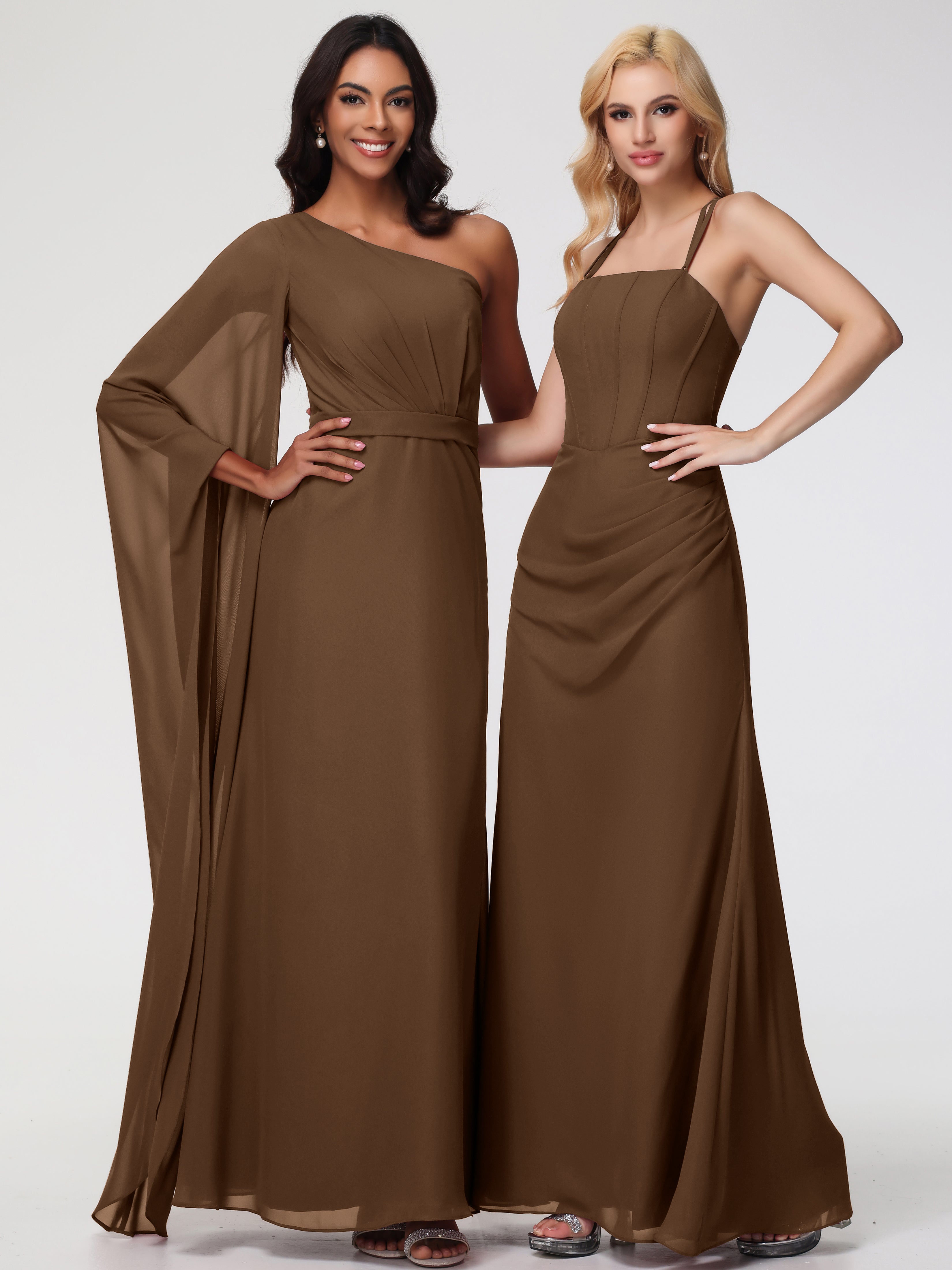 Spaghetti Straps Sheath/Column Long Chiffon Bridesmaid Dresses With Split