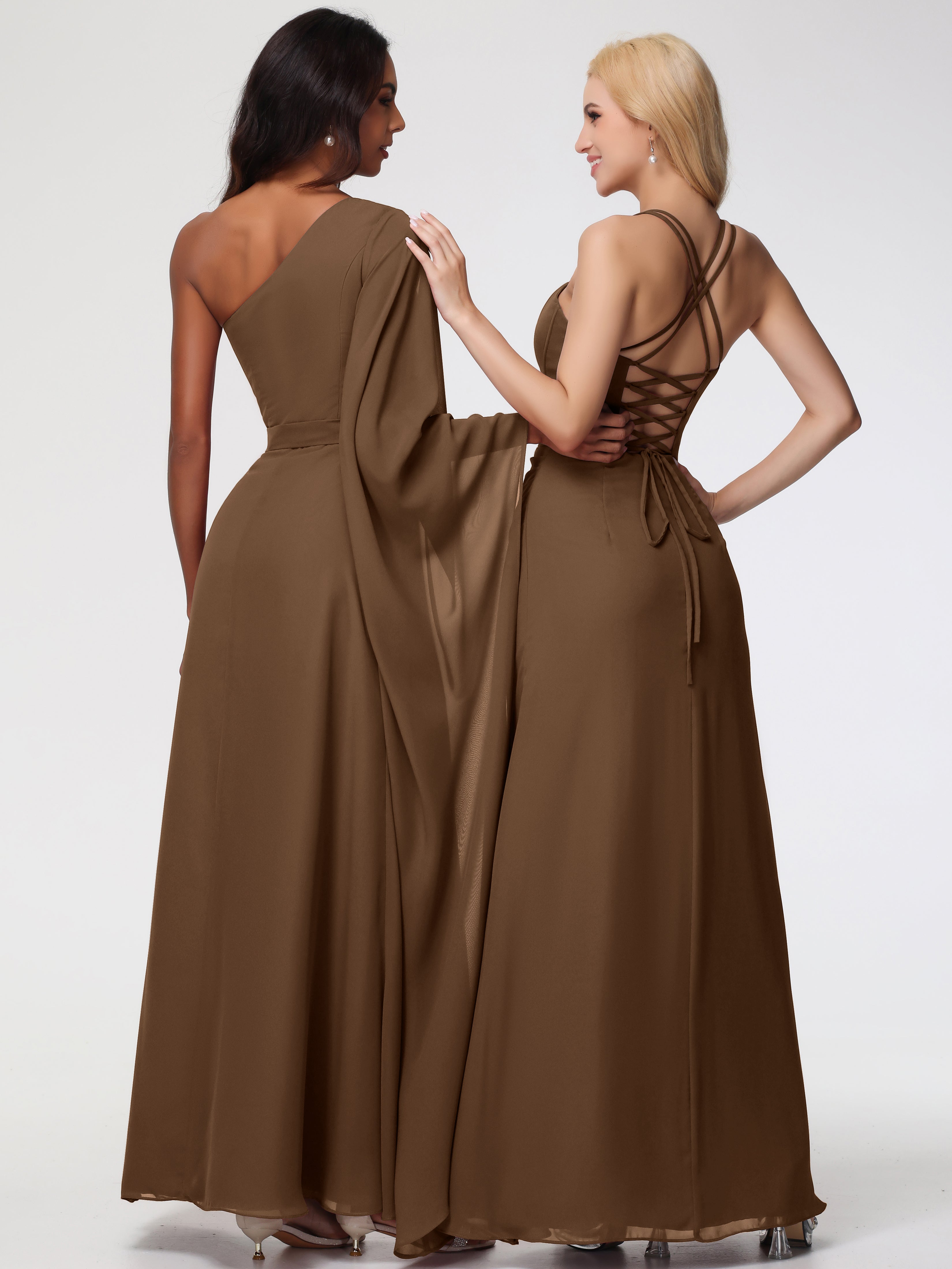 Spaghetti Straps Sheath/Column Long Chiffon Bridesmaid Dresses With Split